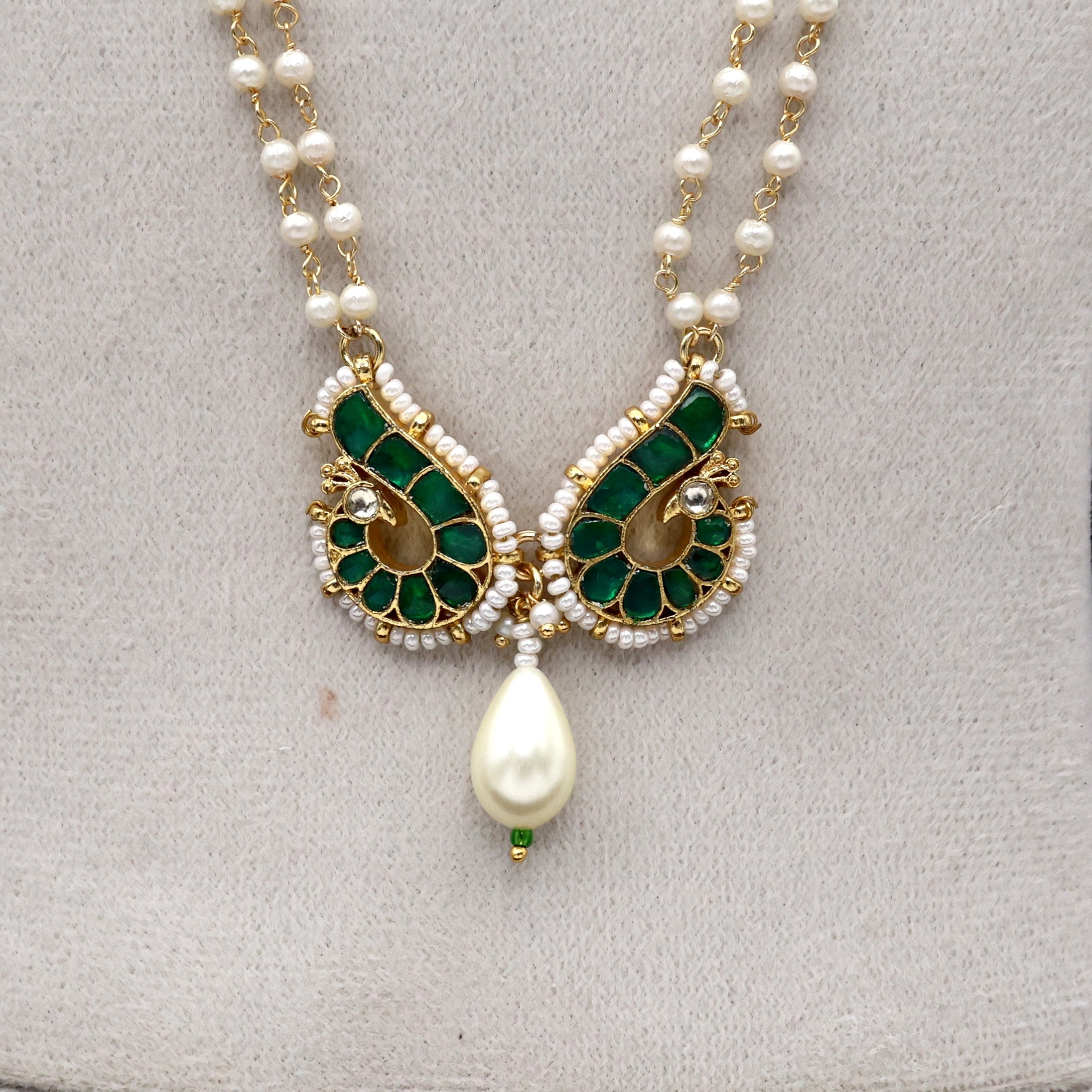 Premium Pachi Kundan Rettapakshi Pendant Double Line Pearl Long Chain