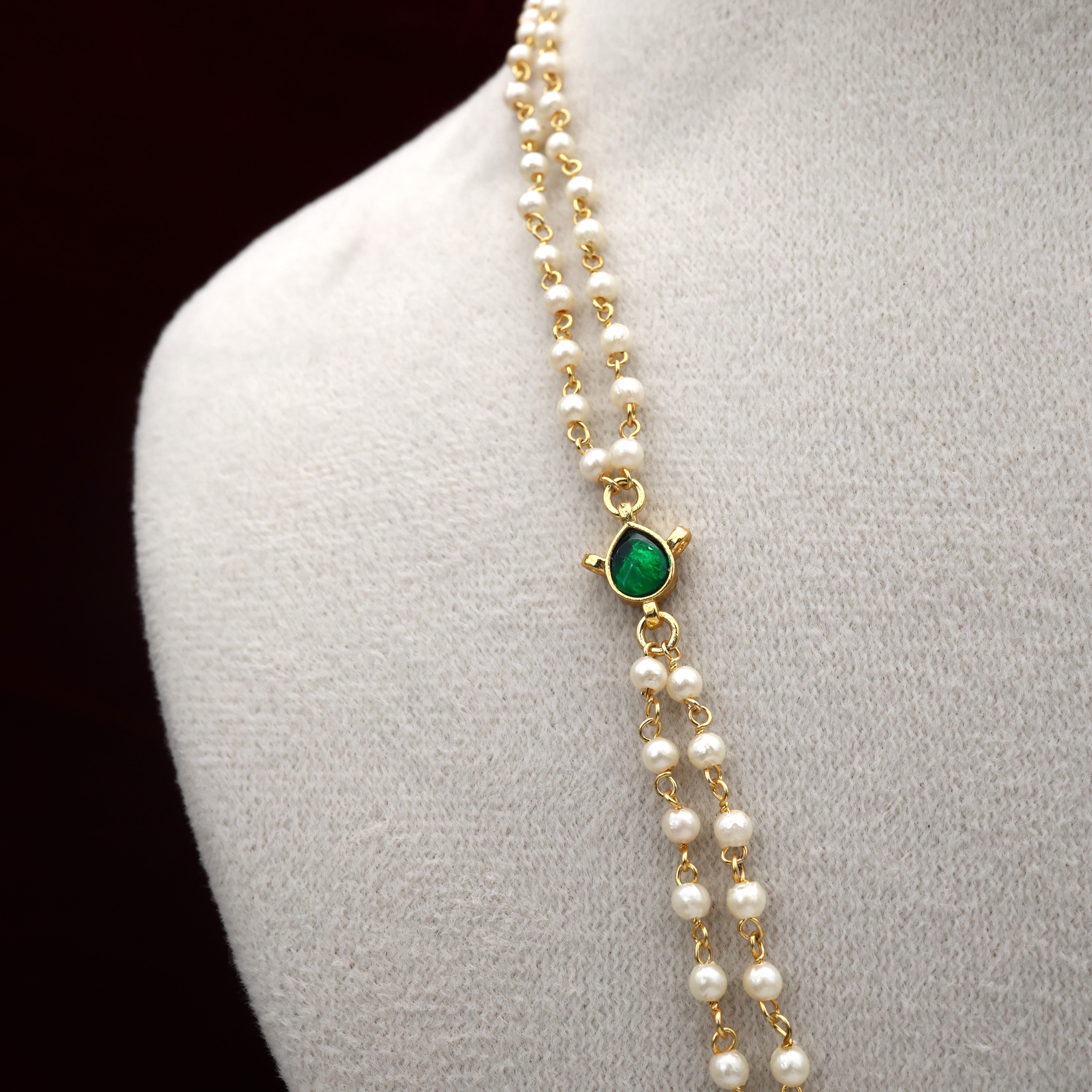 Premium Pachi Kundan Rettapakshi Pendant Double Line Pearl Long Chain
