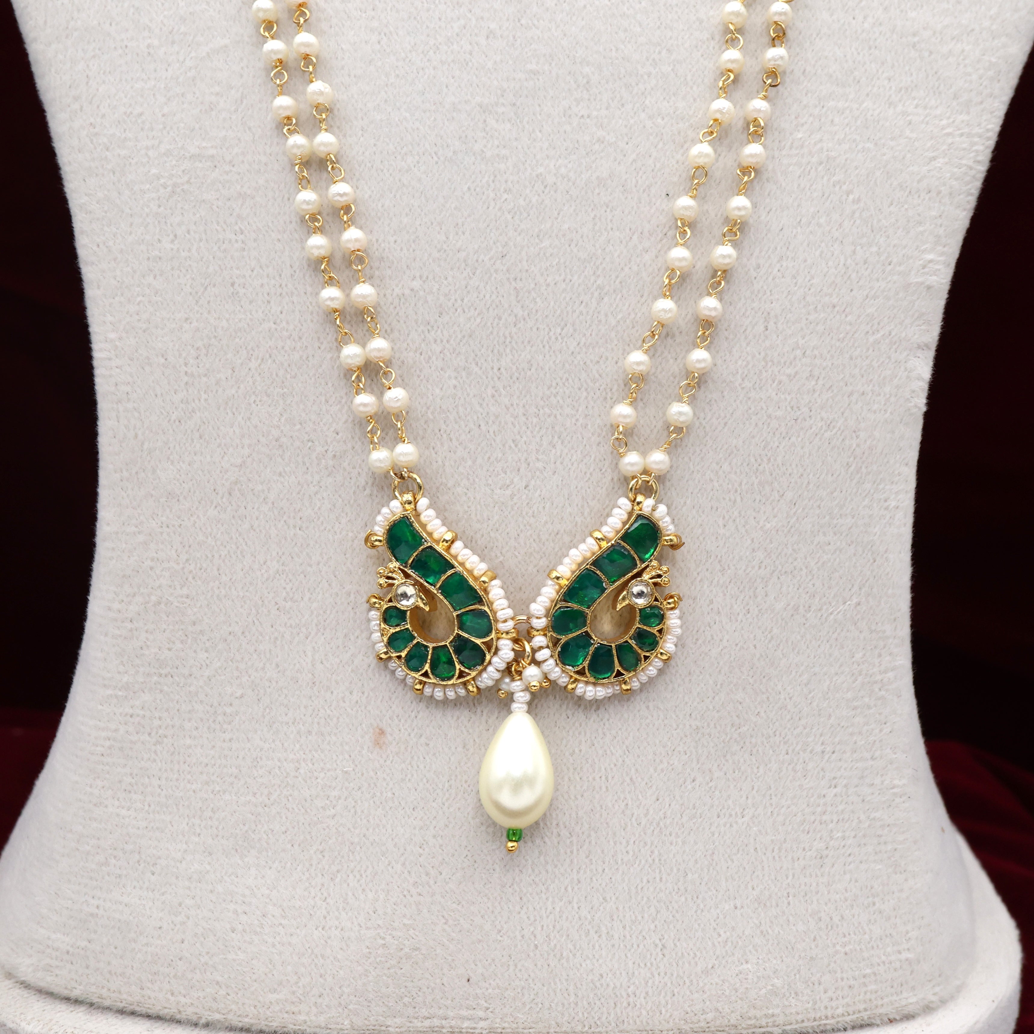 Premium Pachi Kundan Rettapakshi Pendant Double Line Pearl Long Chain