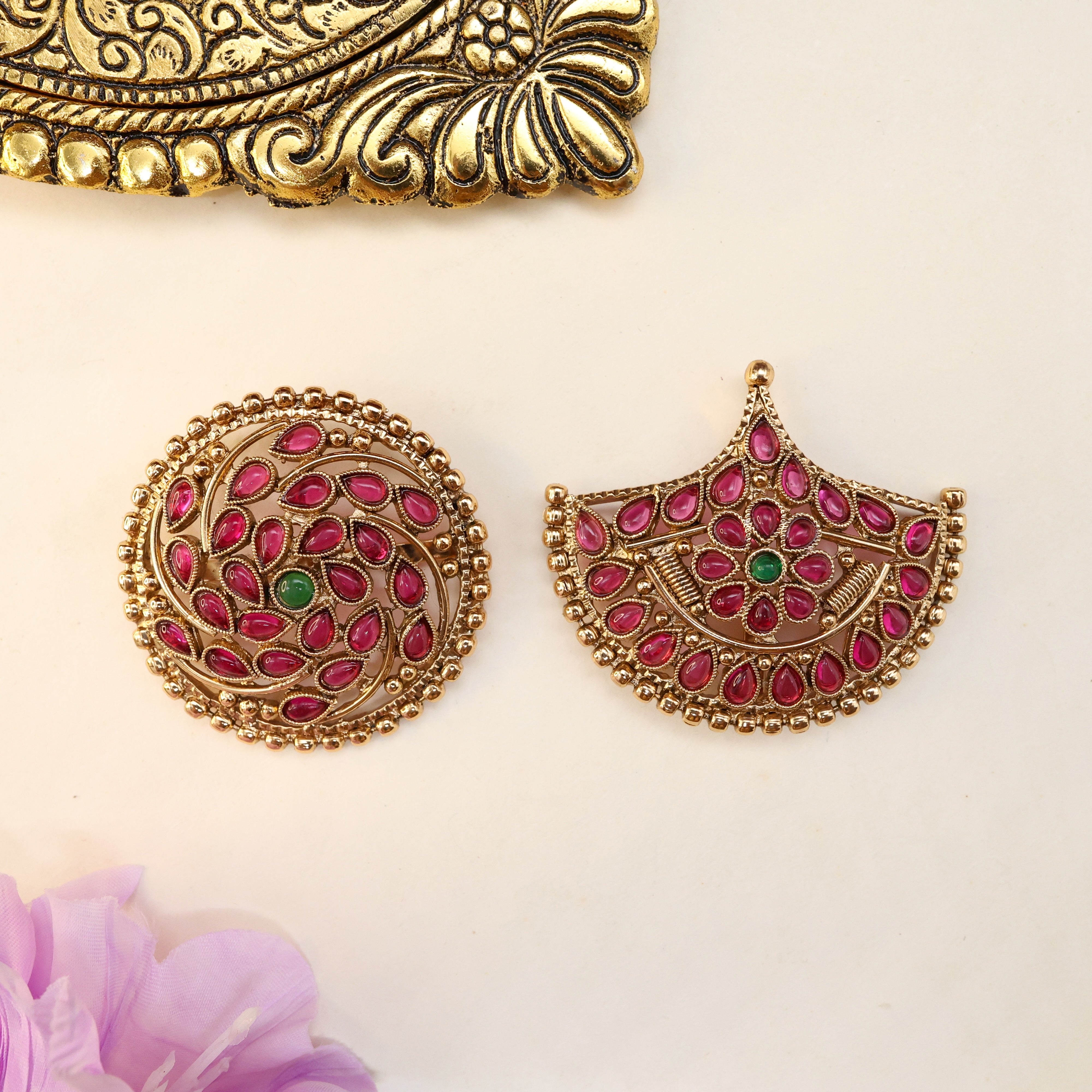 Antique Kemp Spiral Flower Bridal Sun Moon Hair Accessory - Bridal Suryan Chandran Jadai Billais