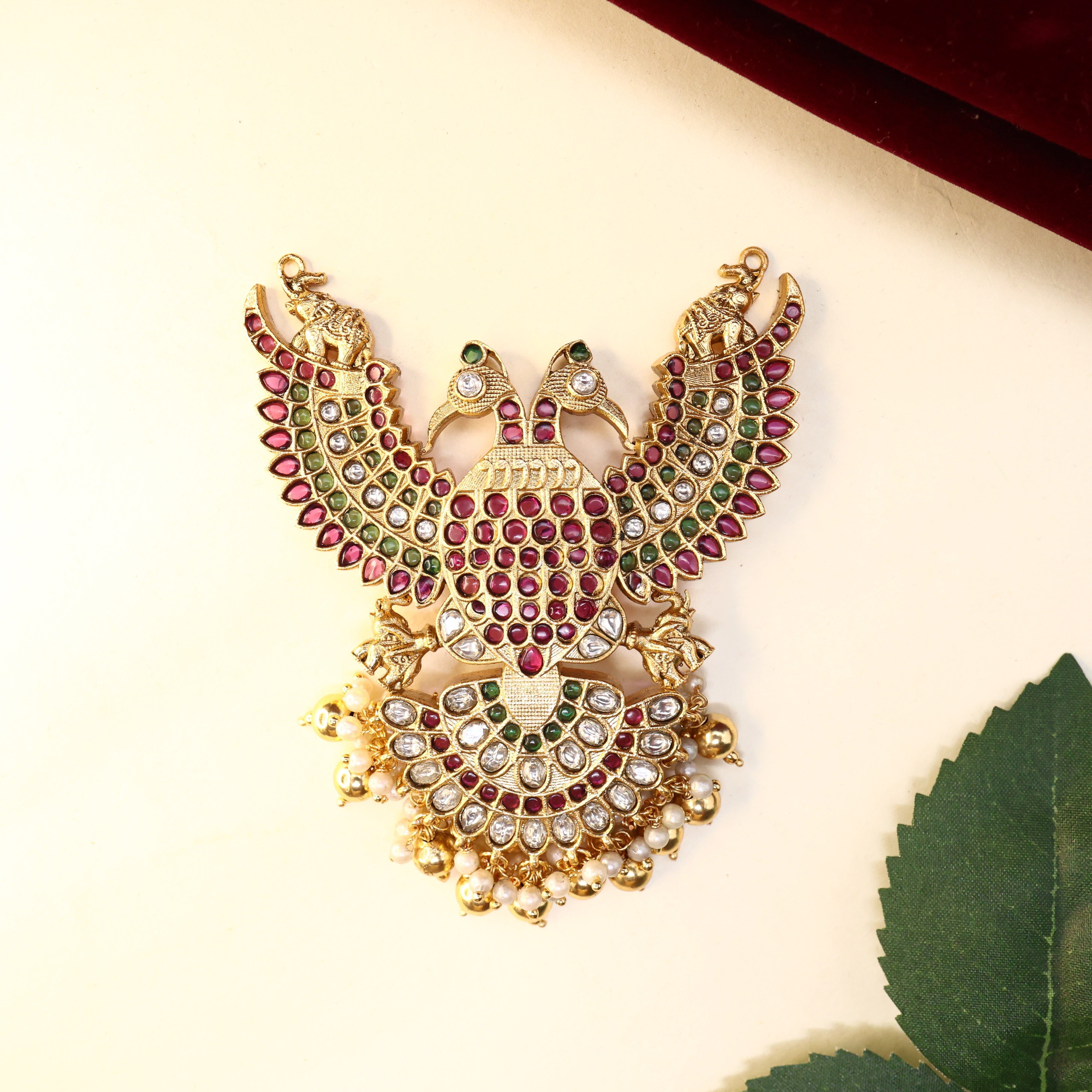 Premium Kundan Kemp Gandaberunda Detachable Pendant - Ruby, Green & White