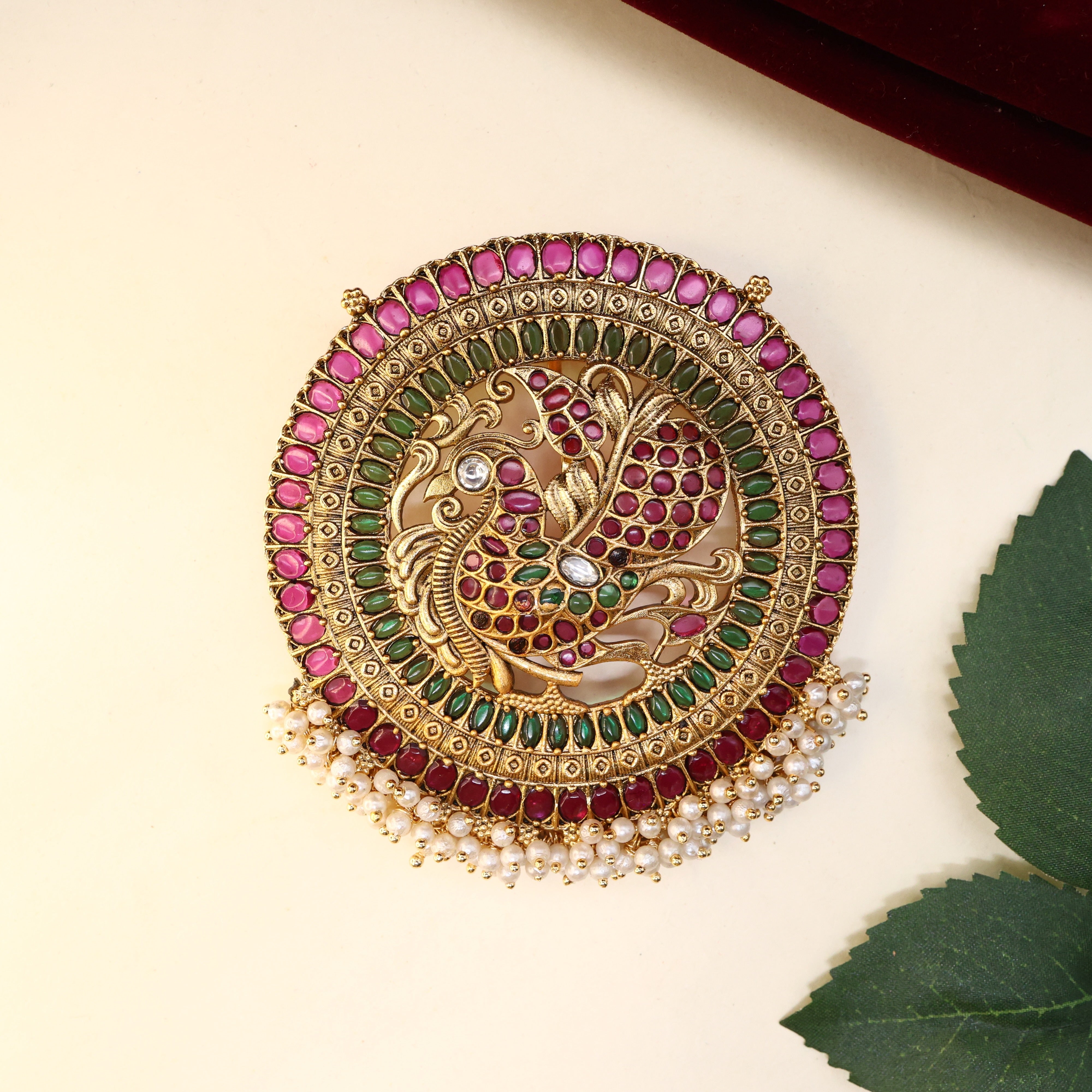 Premium Kundan Kemp Antique Big Mayil Chakram Detachable Pendant