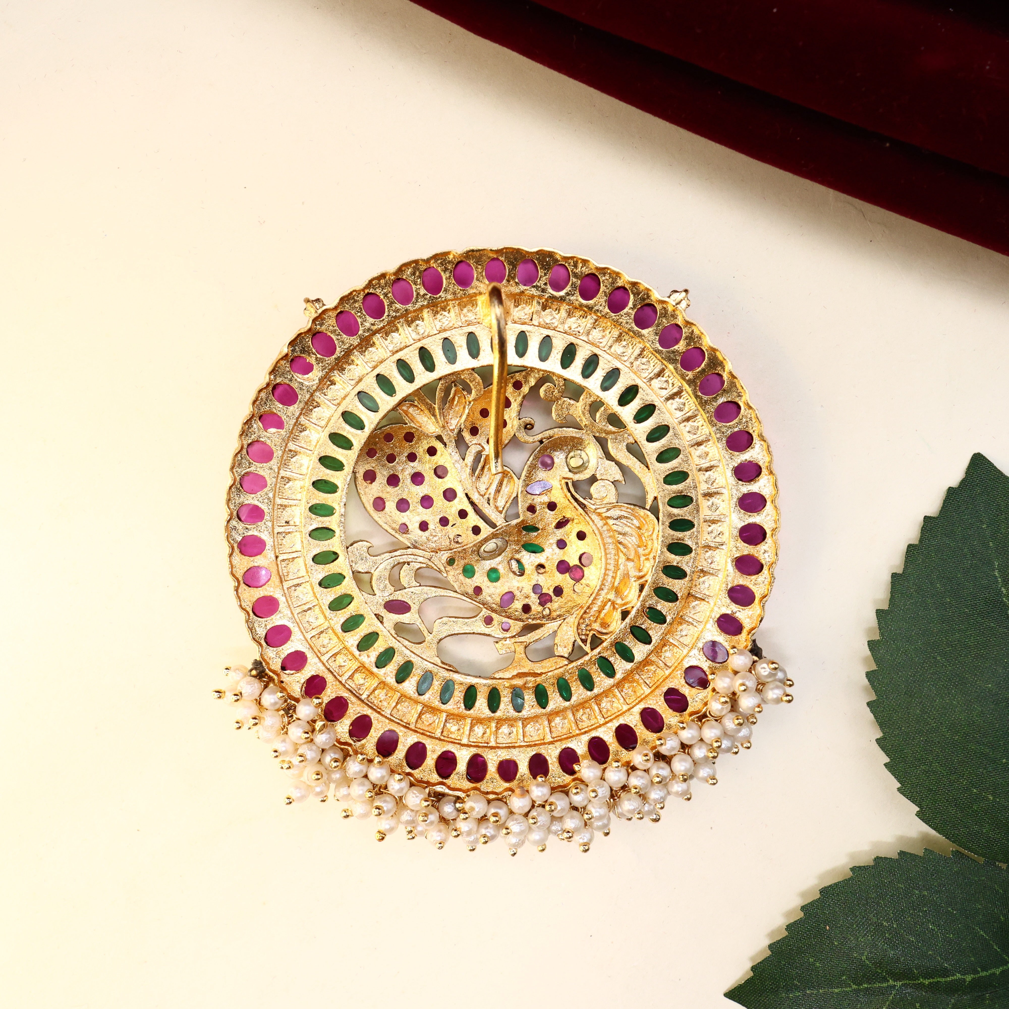 Premium Kundan Kemp Antique Big Mayil Chakram Detachable Pendant