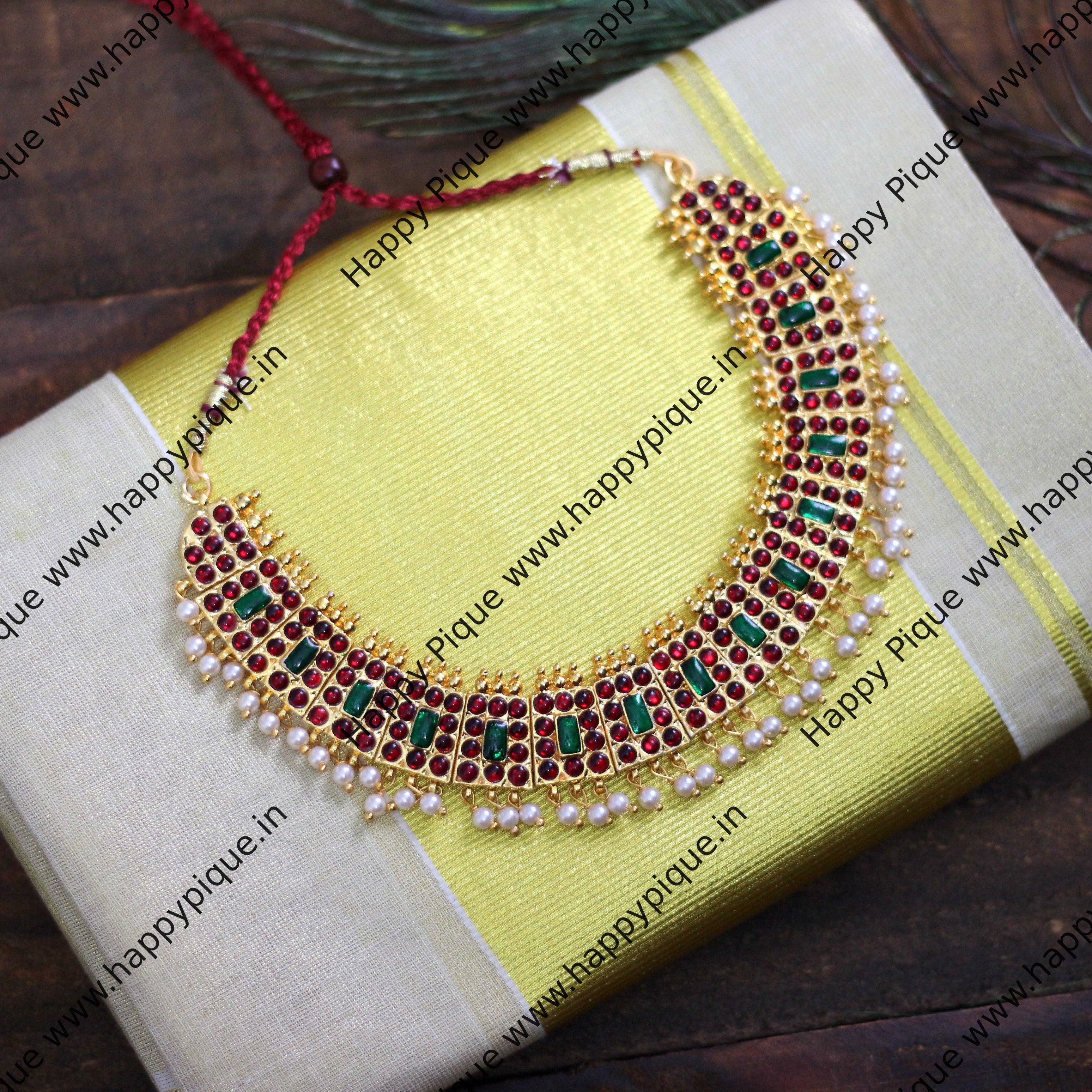 Traditional Temple Kemp Bridal Bharatanatyam Necklace - Red & Green