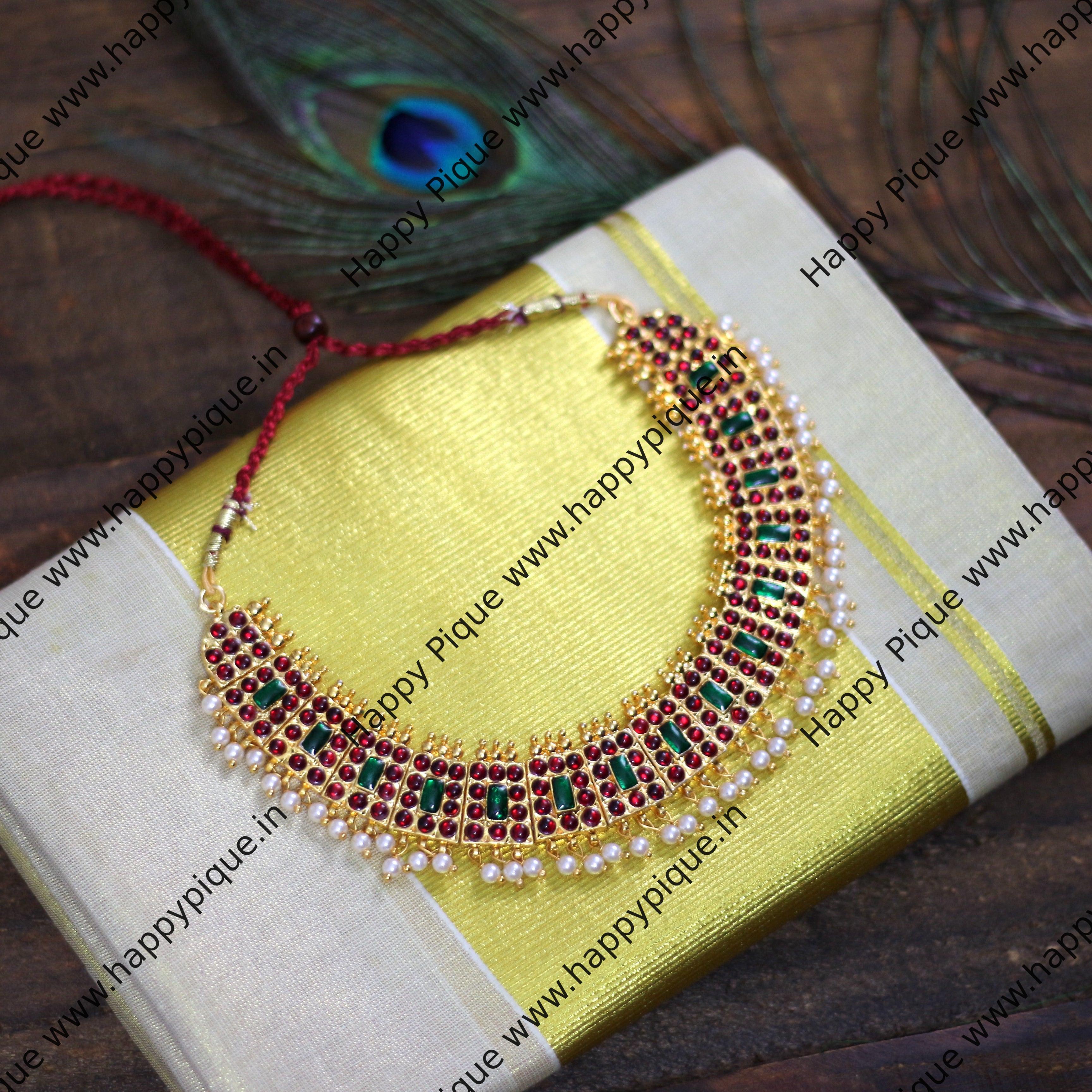 Traditional Temple Kemp Bridal Bharatanatyam Necklace - Red & Green