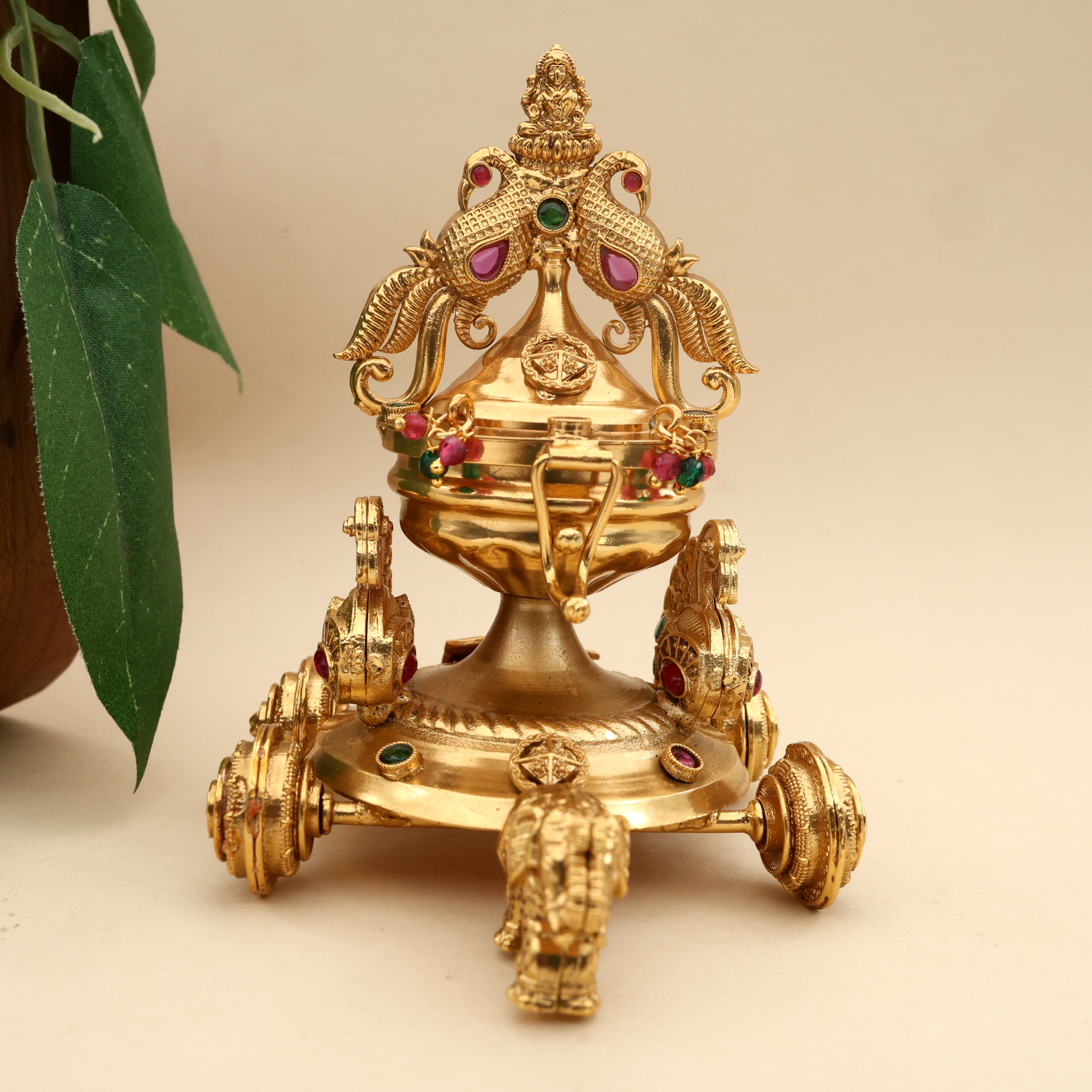 Antique Gold Nagas Rettapakshi Lakshmi Temple Elephant Chariot Kumkum Box - Sindoor Dabbi
