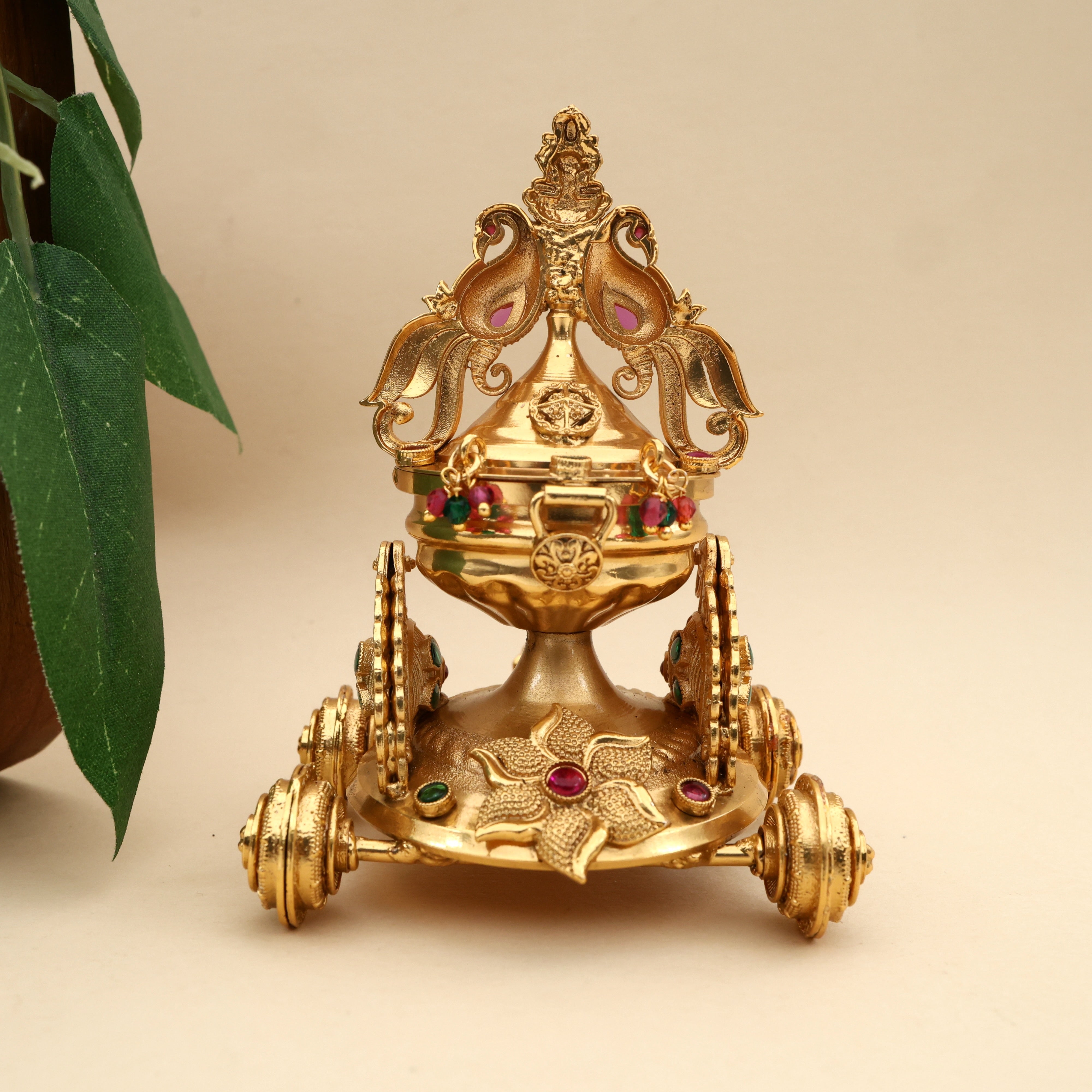 Antique Gold Nagas Rettapakshi Lakshmi Temple Elephant Chariot Kumkum Box - Sindoor Dabbi