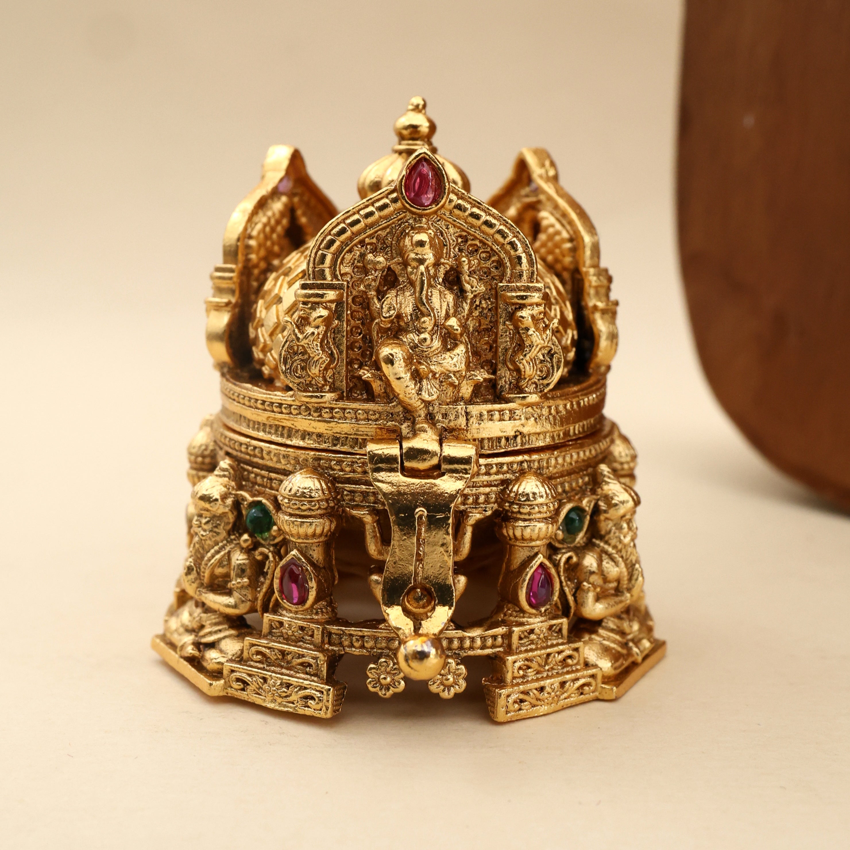 Antique Nagas Ganesha Lakshmi Saraswati Temple Gopuram Small Sized Kumkum Box - Sindoor Dabbi
