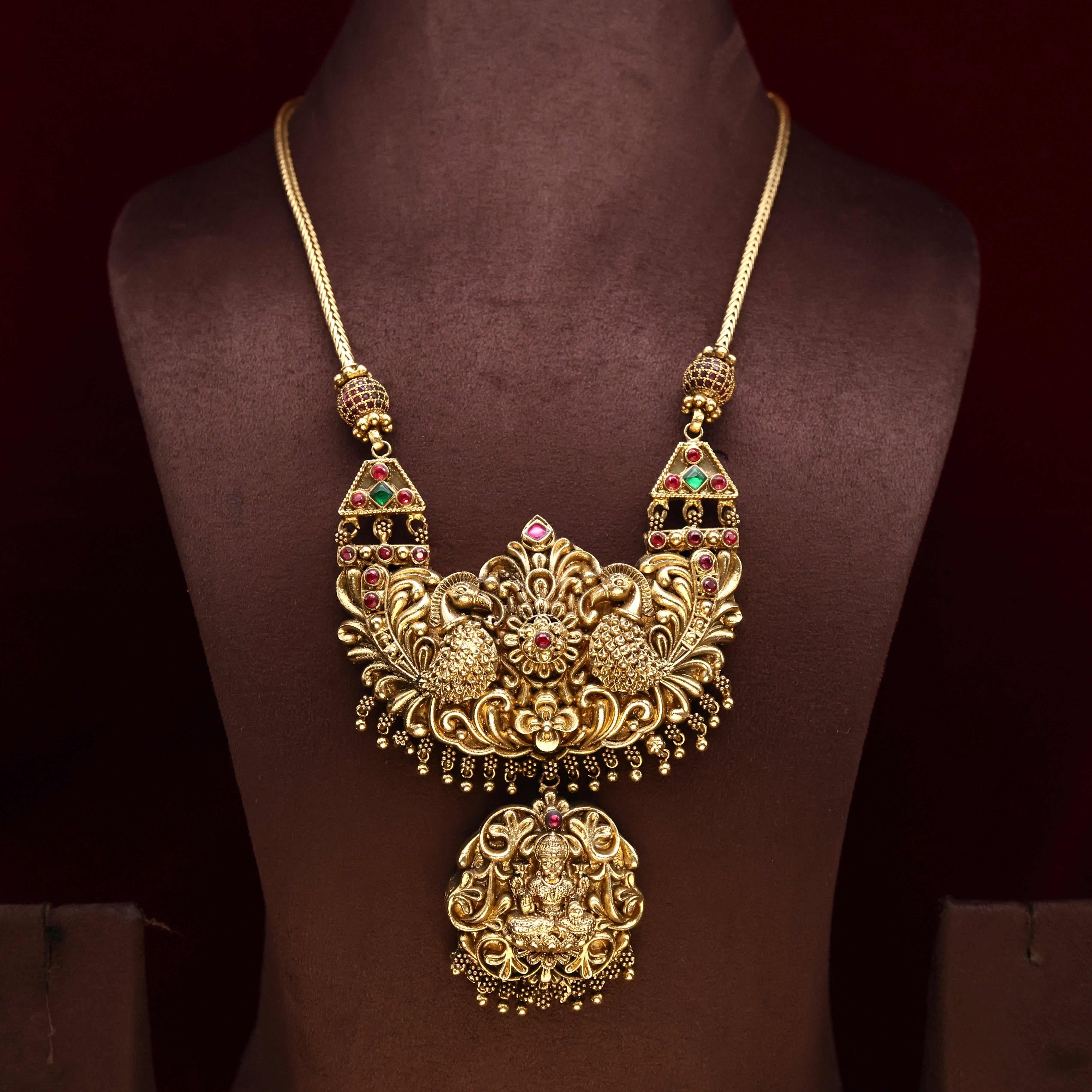 Antique Gold Nagas Rettapakshi Lakshmi Kemp AD Pendant Bridal Necklace