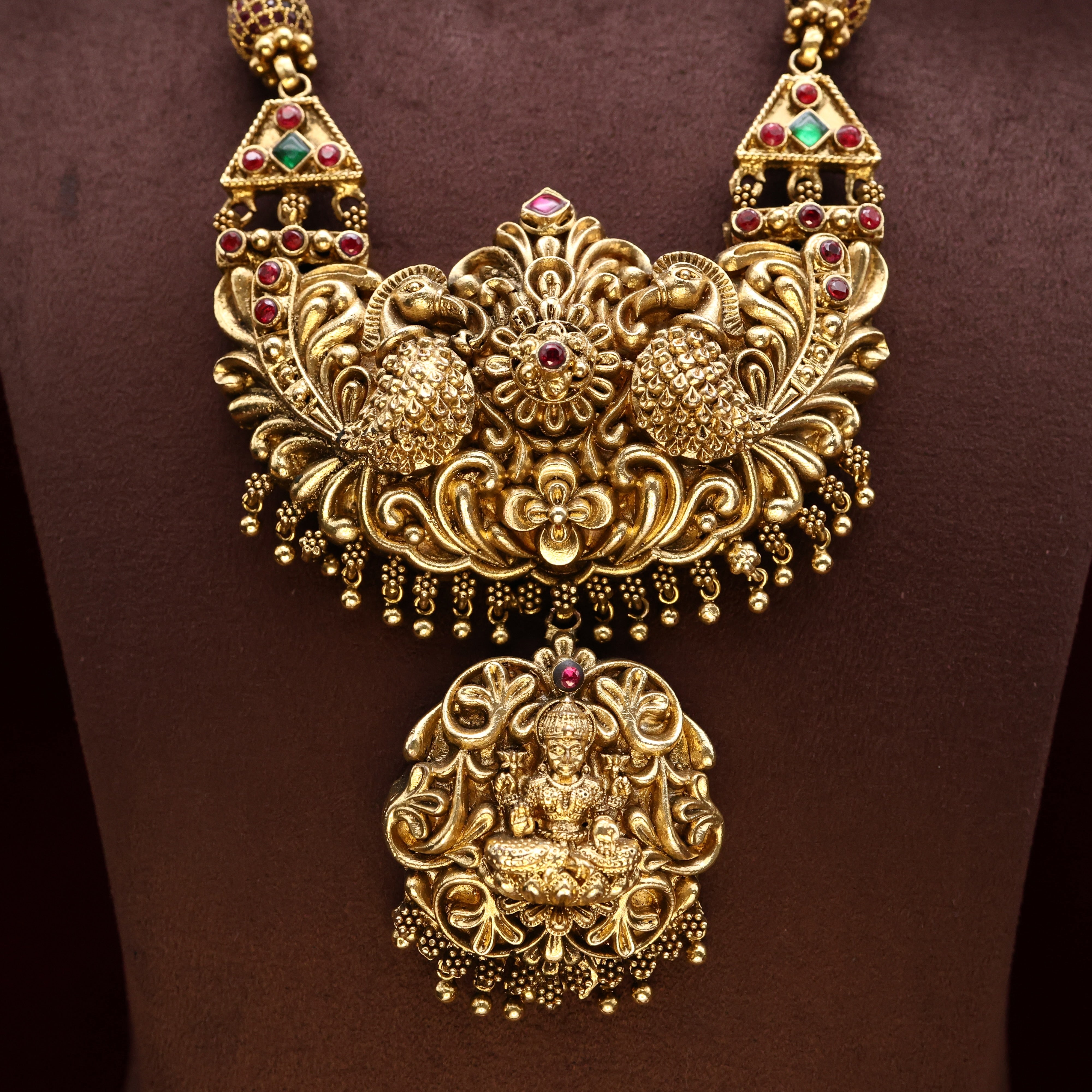 Antique Gold Nagas Rettapakshi Lakshmi Kemp AD Pendant Bridal Necklace