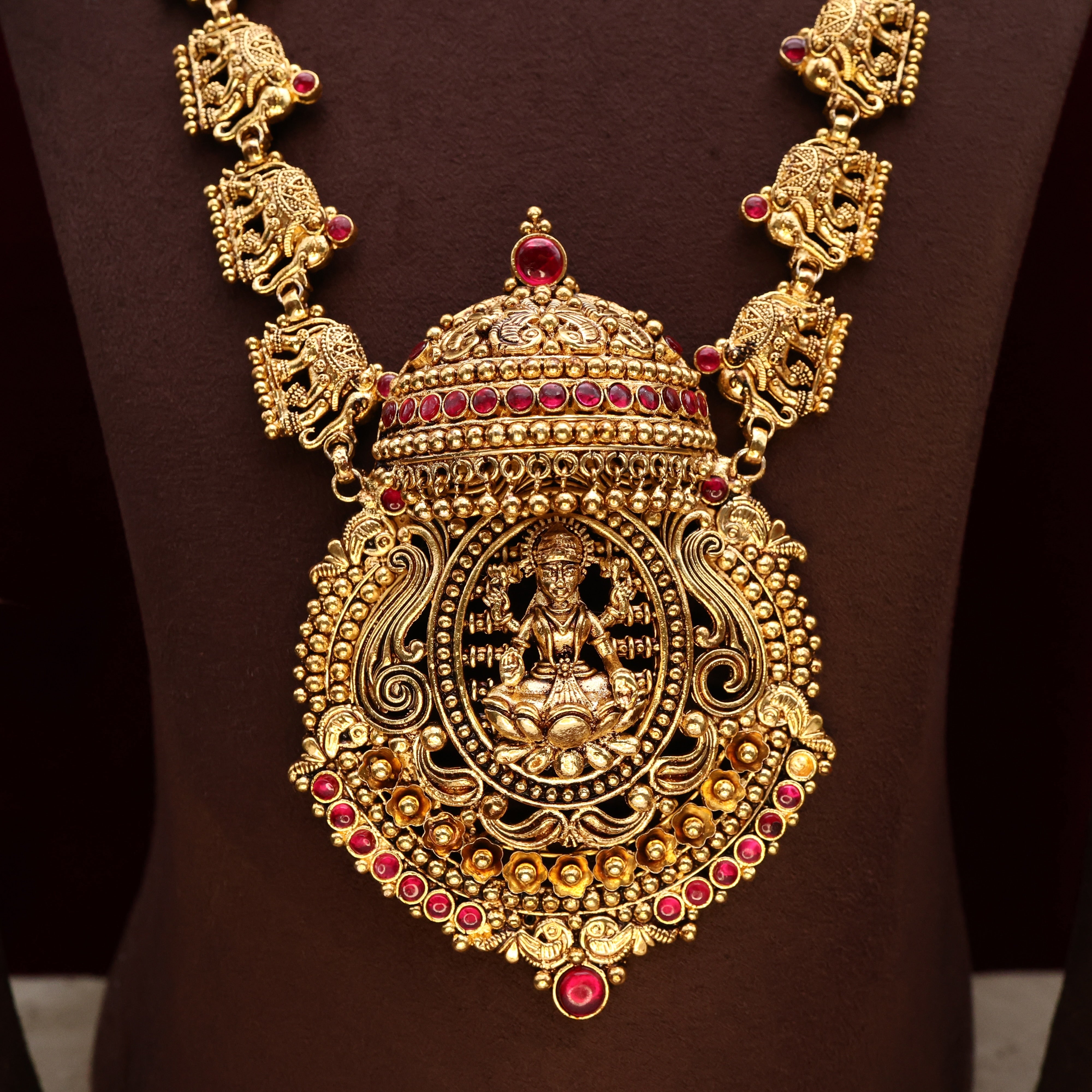 Exclusive Antique Umbrella Lakshmi Elephant Chariot AD Kemp Bridal Long Necklace