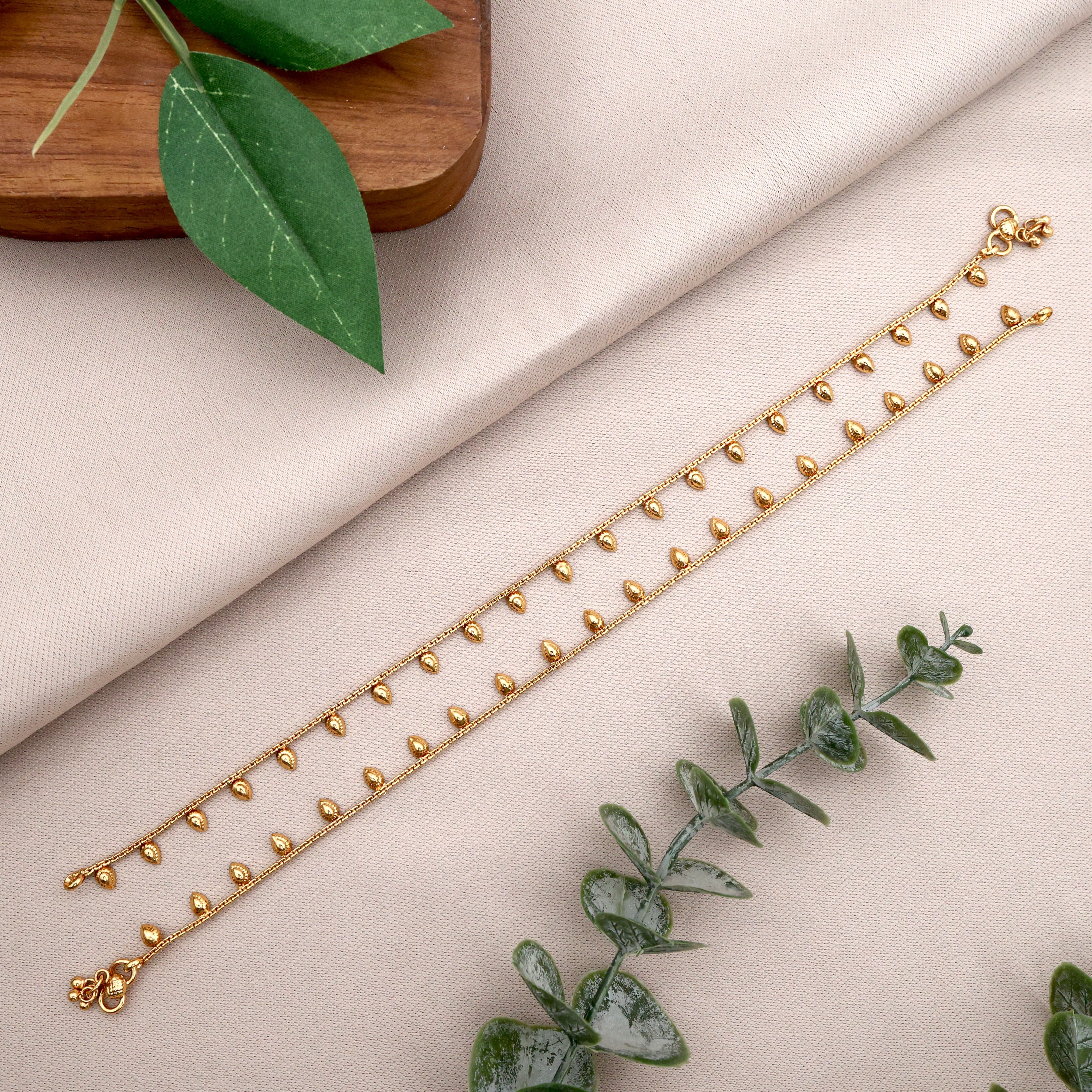 Antique Real Gold Look Flower Bud Drops Anklets For Women - 10.5 Inches