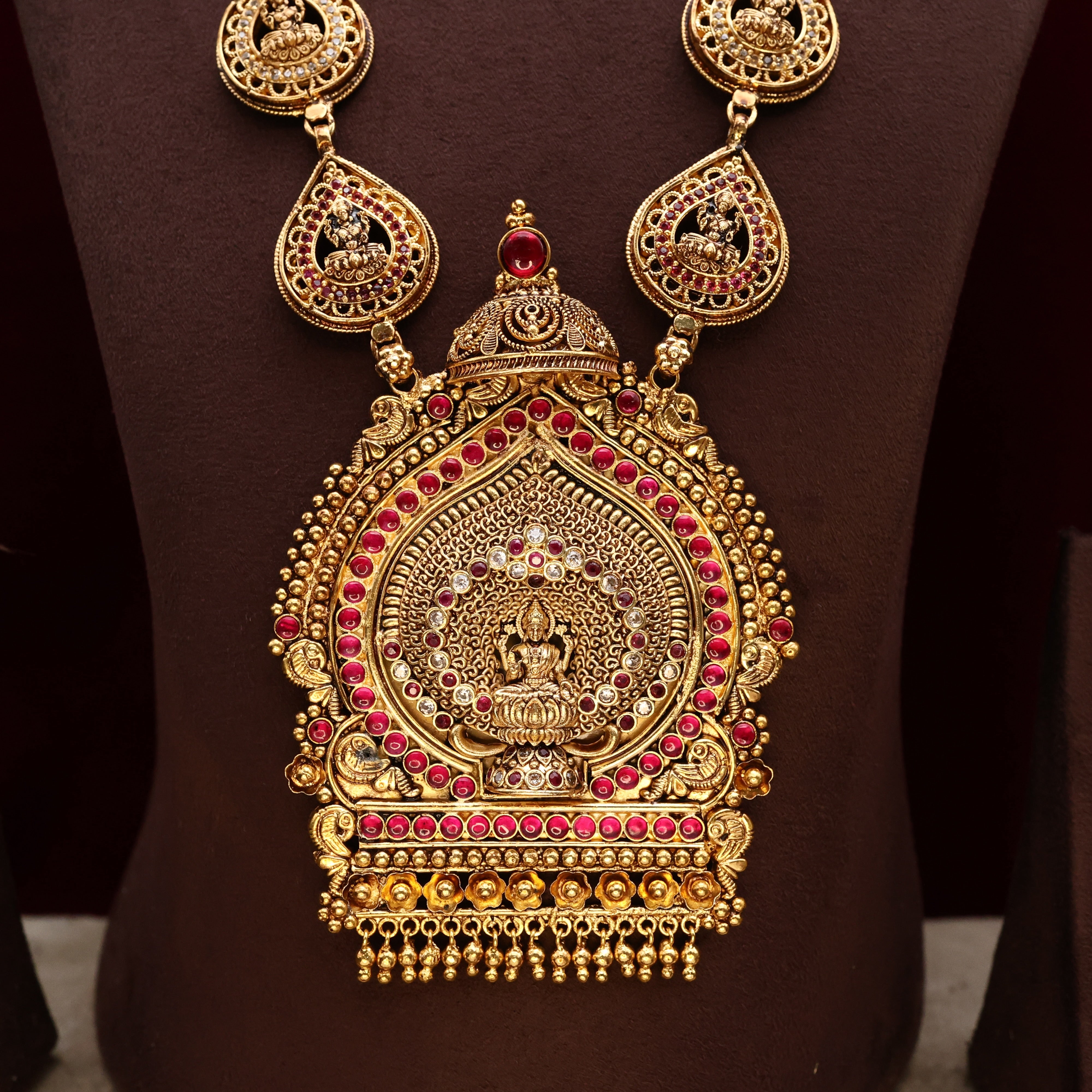 Exclusive Antique Gold Premium Kemp Lakshmi Devi Bridal Long Necklace