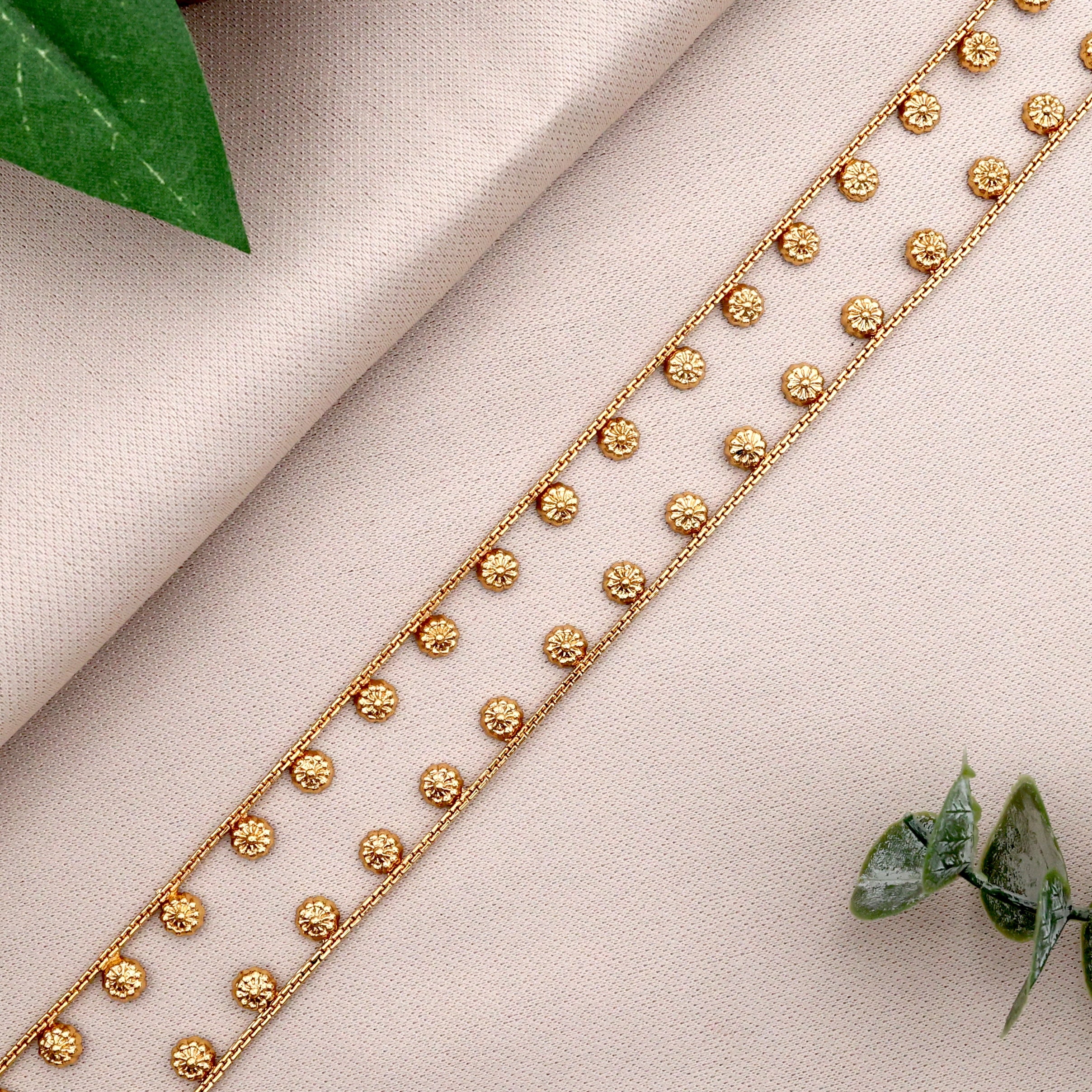 Antique Gold Look Small Flower Blooms Anklets - 10.5 inches