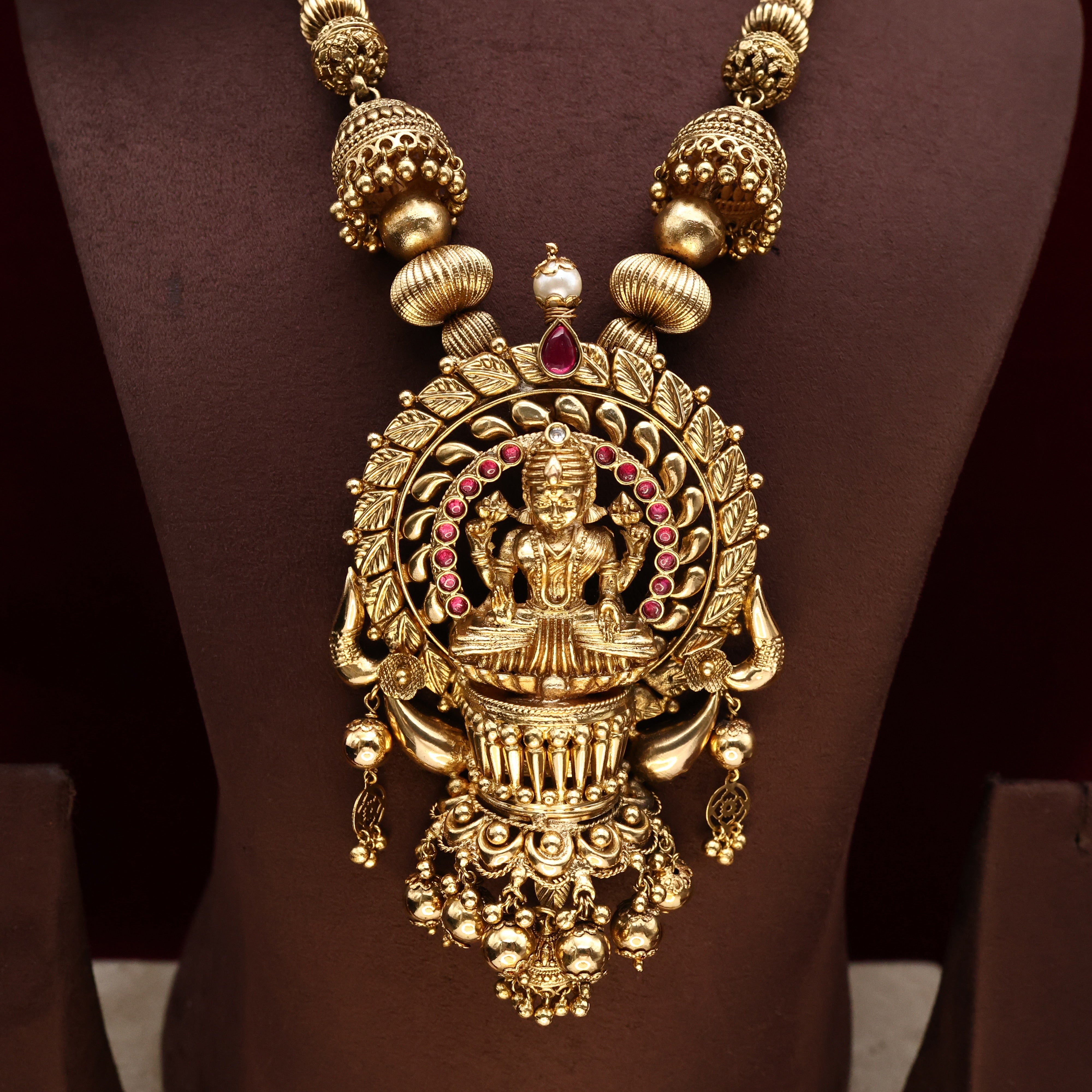 Antique Gold Nagasi Carving Mahalakshmi Devi Premium Kemp Bridal Necklace