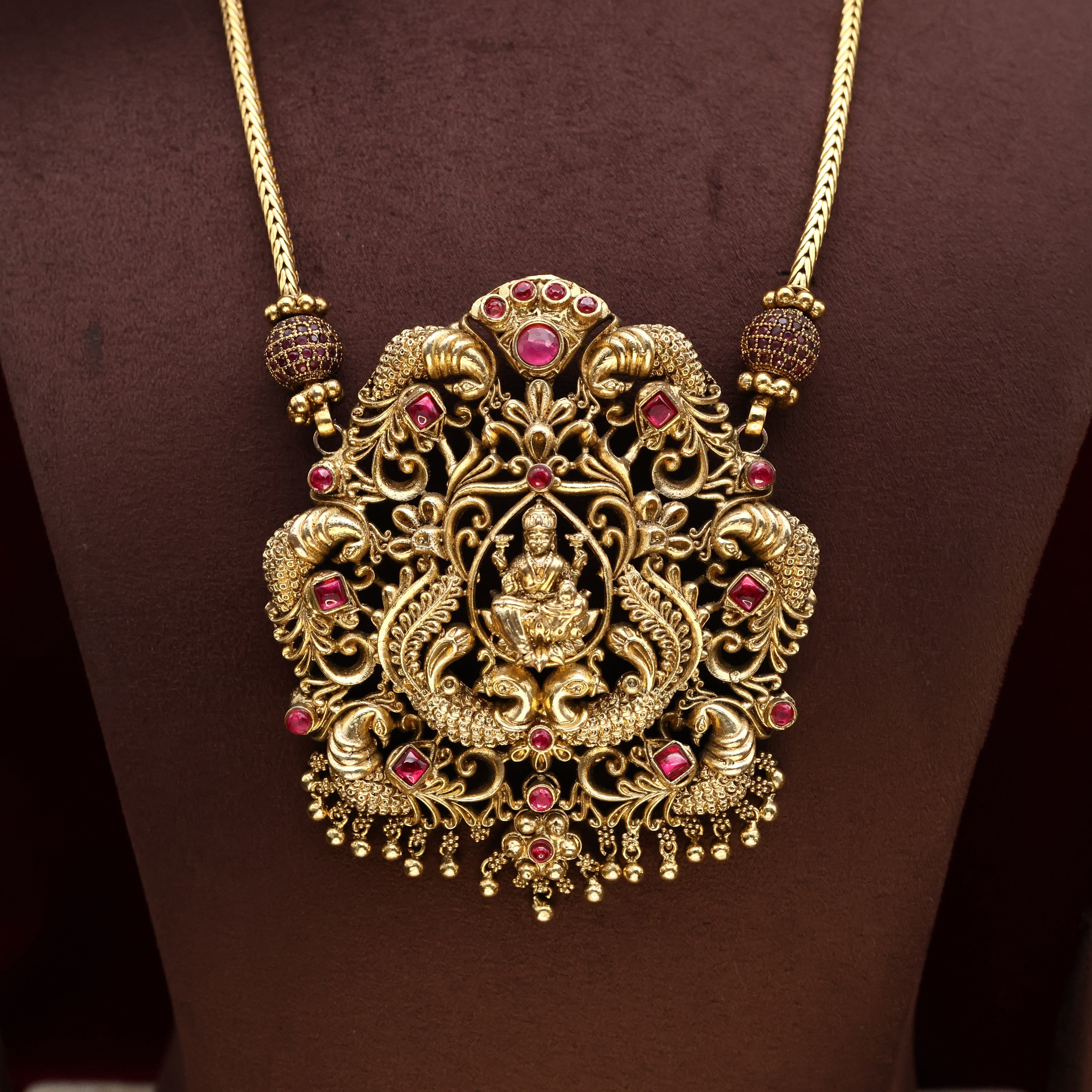 Antique Gold Nagas Mayur Lakshmi Devi Pendant AD Kemp Necklace