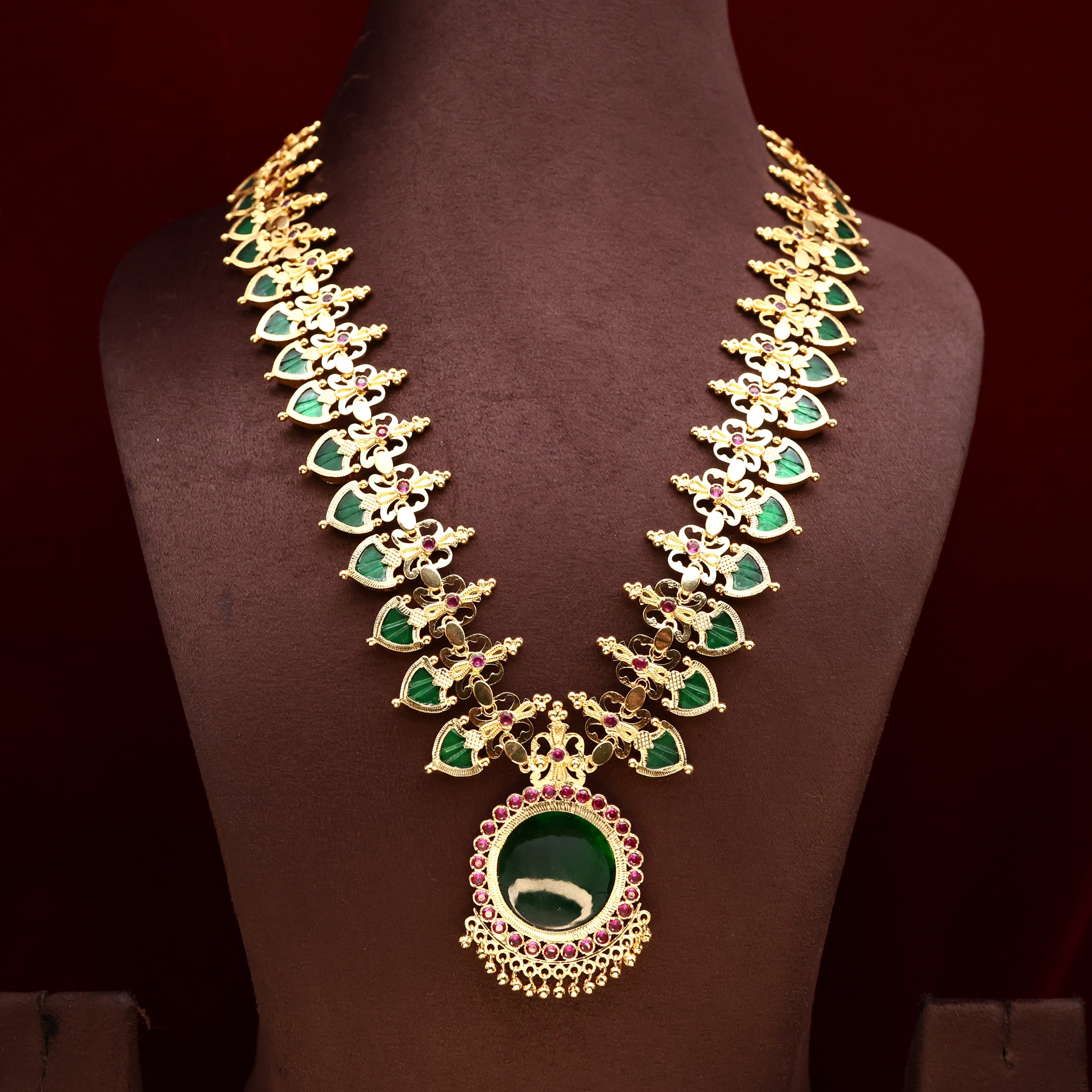 Real Gold Tone Traditional Kerala Palakka Round Pendant Bridal Haaram