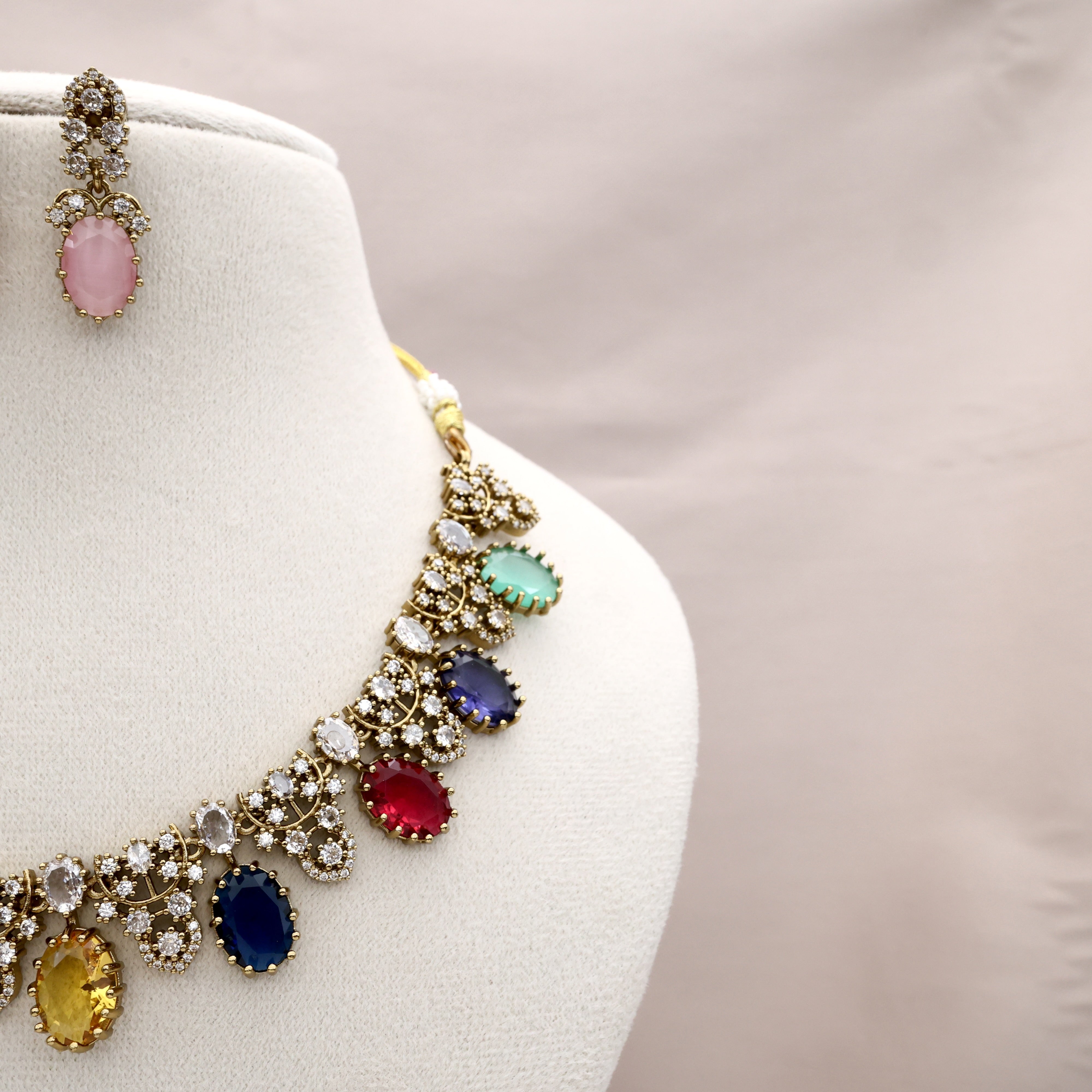 Mehendi Polish Diamond Look Multi Colour Stone Necklace Set