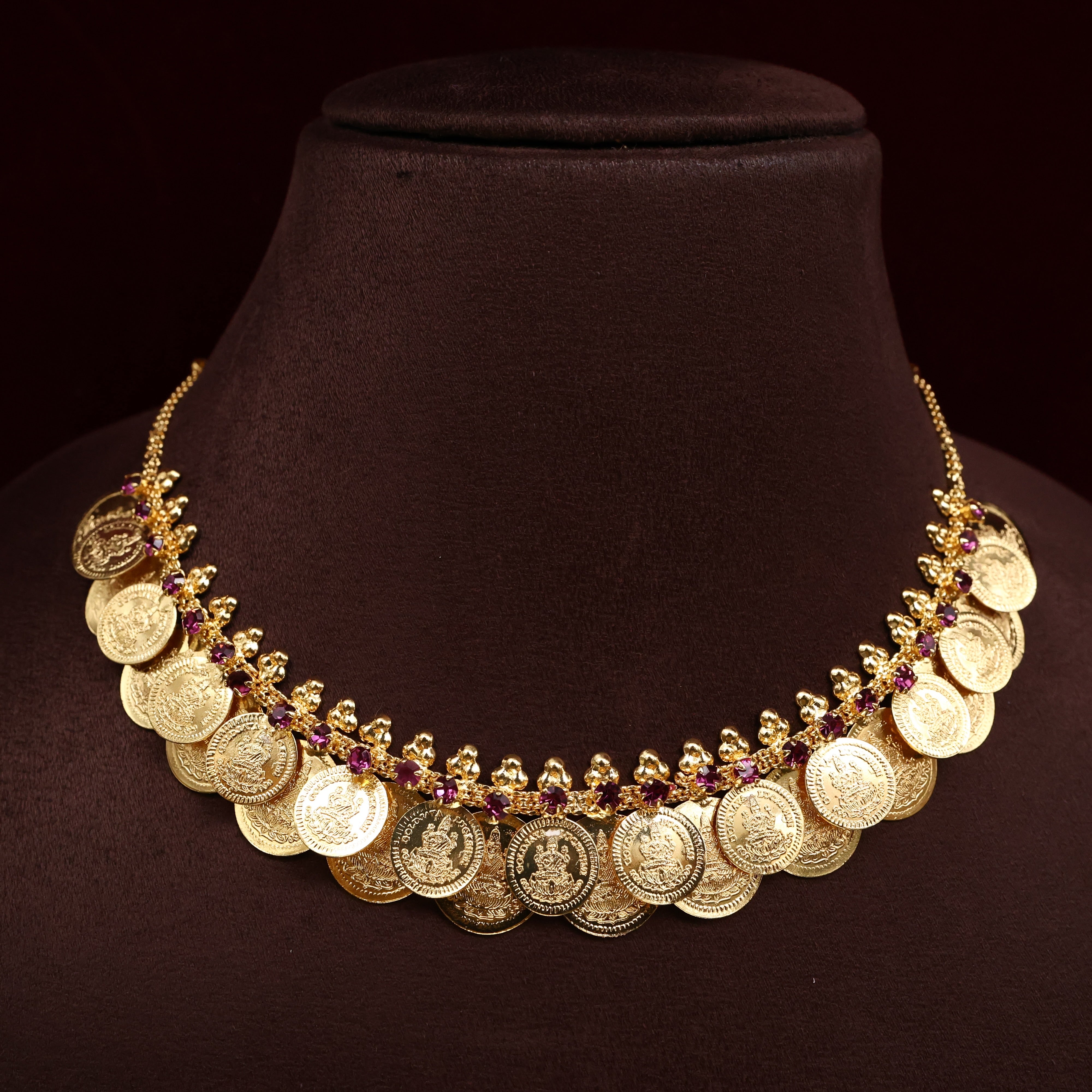 Real Gold Tone 2 Layer Lakshmi Coin AD Kerala Bridal Necklace - Ruby