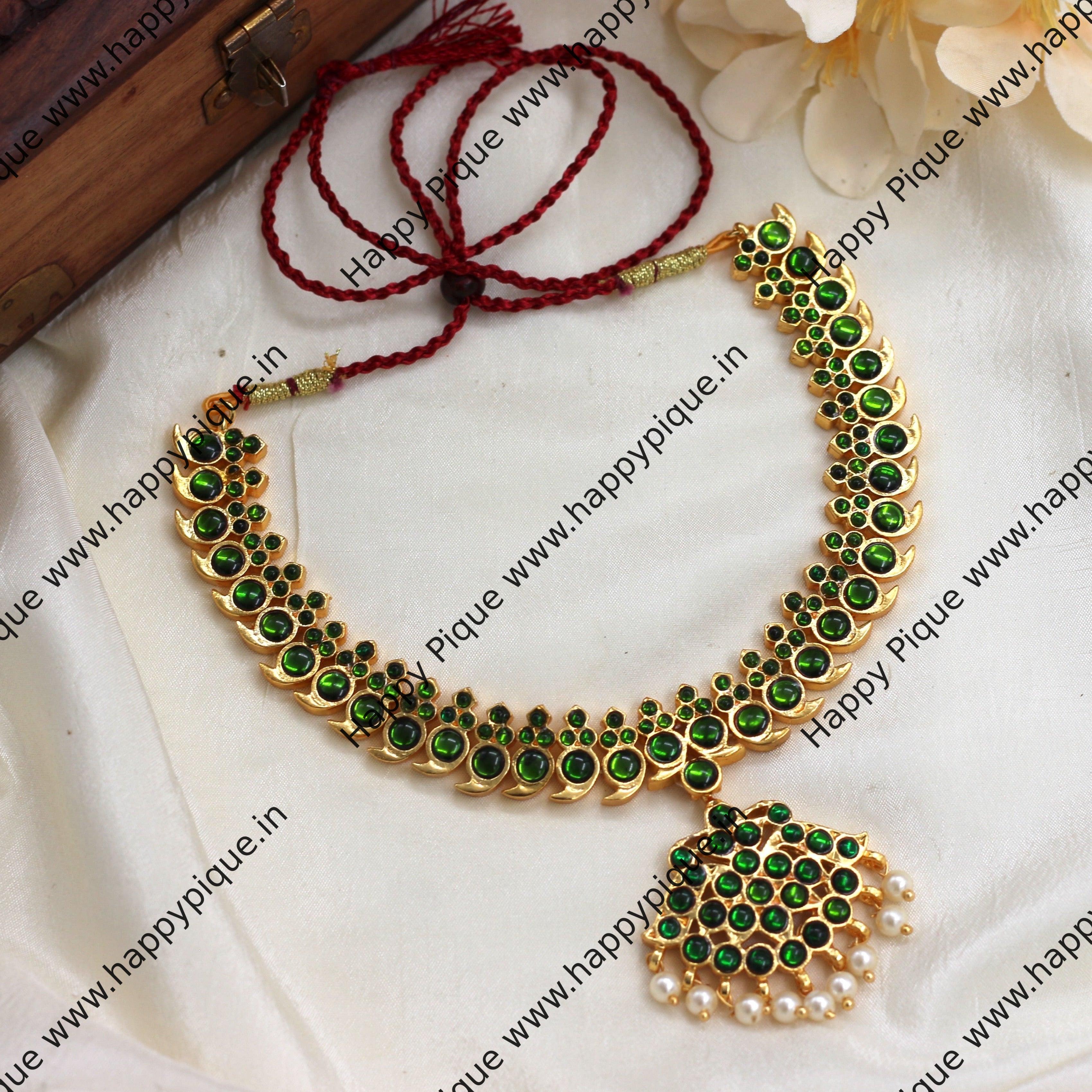 Traditional Kemp Mayuri Bharatanatyam Lightweight Necklace - Full Green