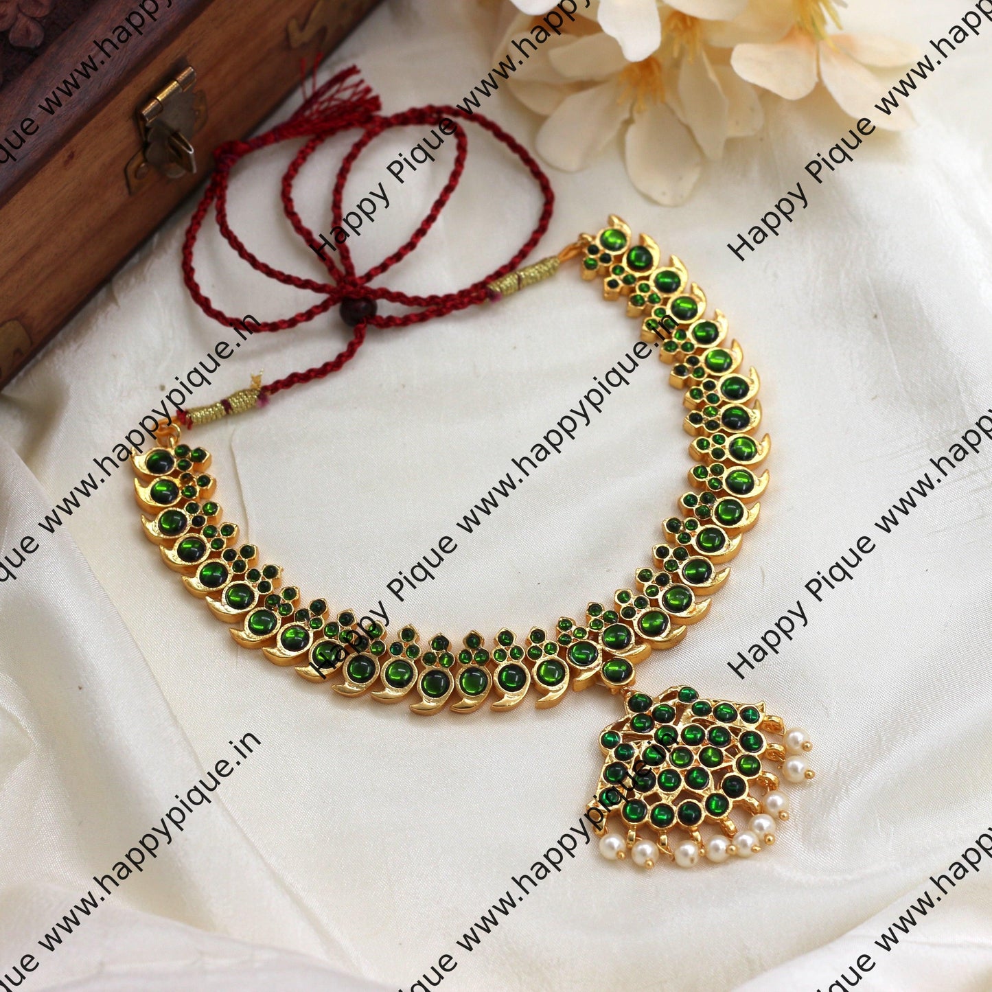 Traditional Kemp Mayuri Bharatanatyam Lightweight Necklace - Full Green