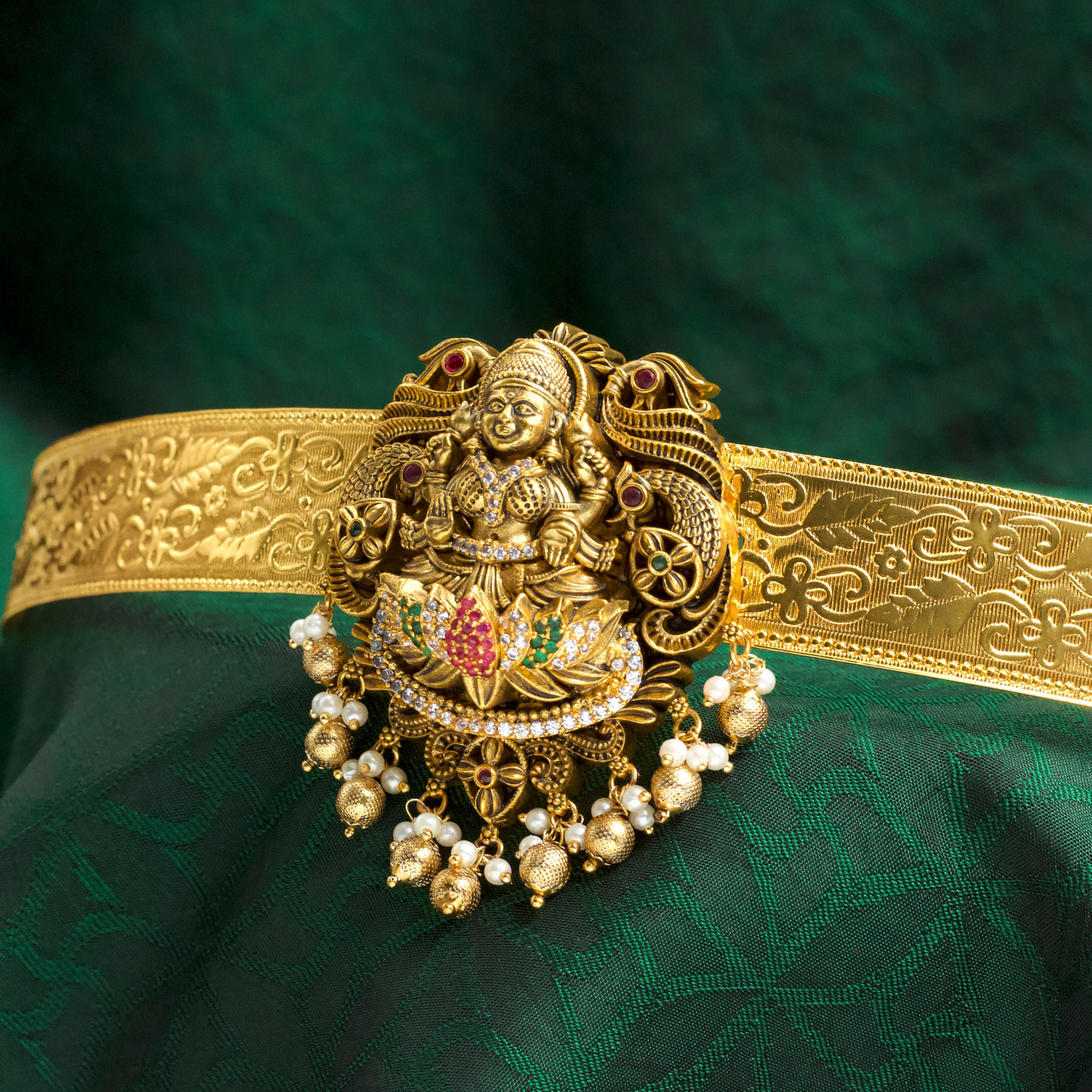 Antique Gold Nagas AD Lakshmi Pendant Hip Belt