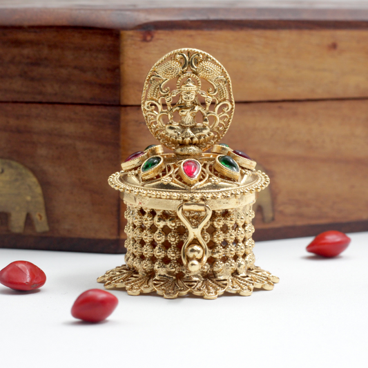 Antique Gold Kemp Lakshmi Cutwork Haldi/Kumkum Box - Sindoor Dabbi