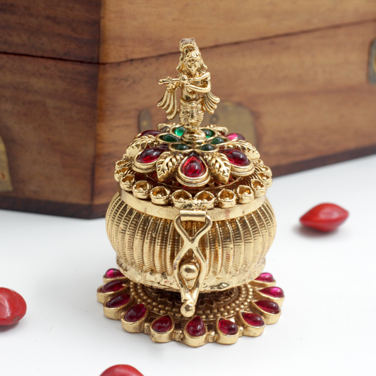 Antique Gold Kemp Round Krishna Haldi/Kumkum Box - Sindoor Dabbi