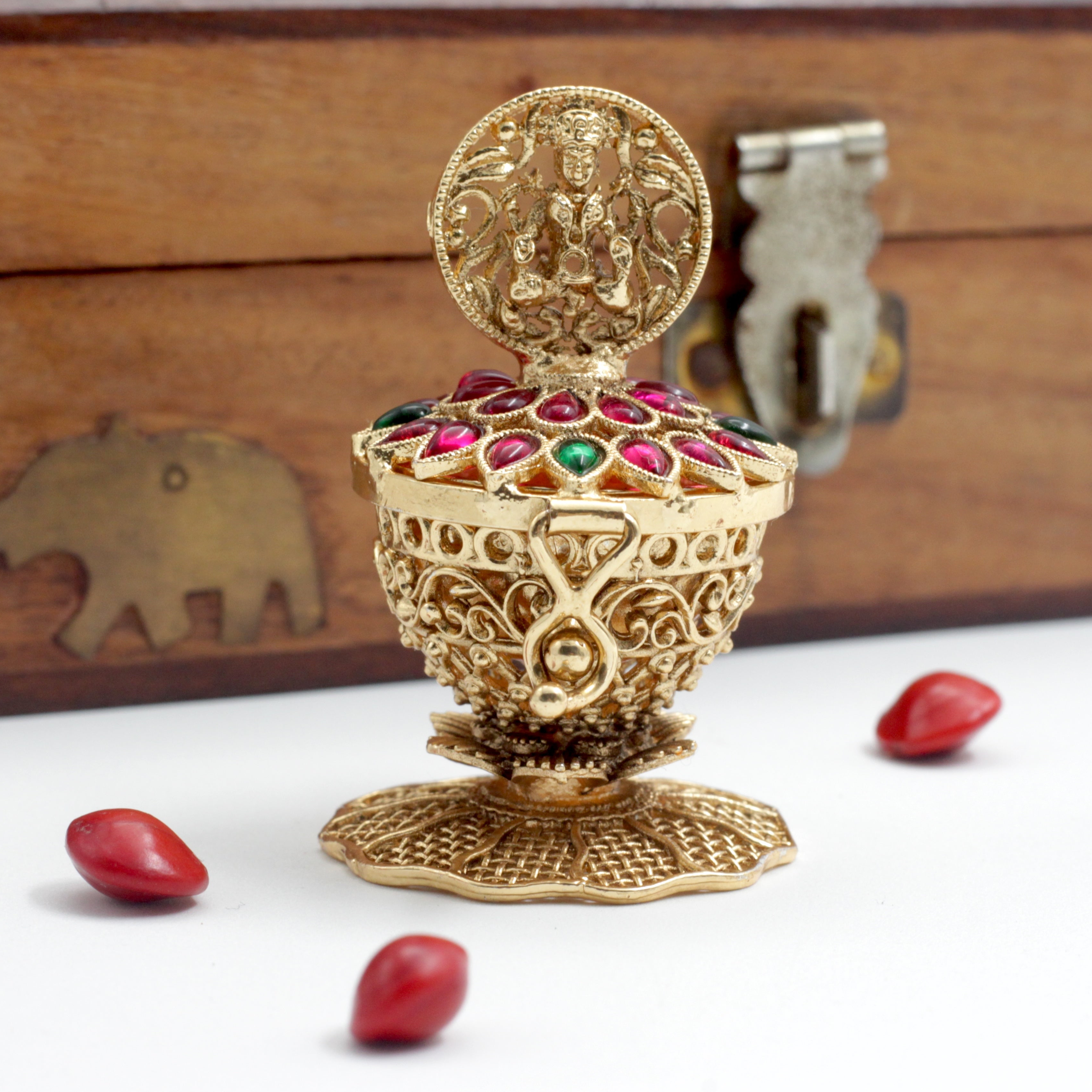 Antique Gold Lakshmi Kemp Haldi/Kumkum Box - Sindoor Dabbi