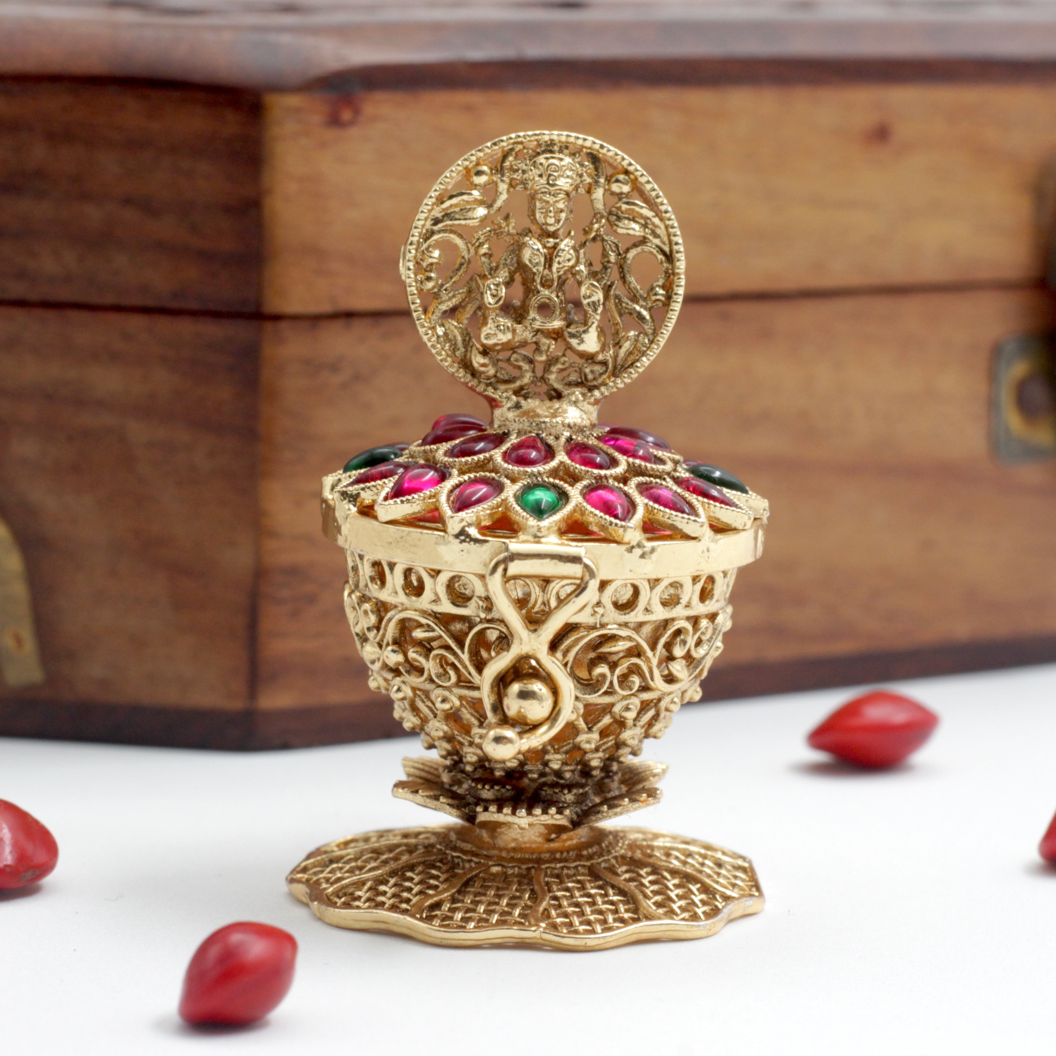 Antique Gold Lakshmi Kemp Haldi/Kumkum Box - Sindoor Dabbi