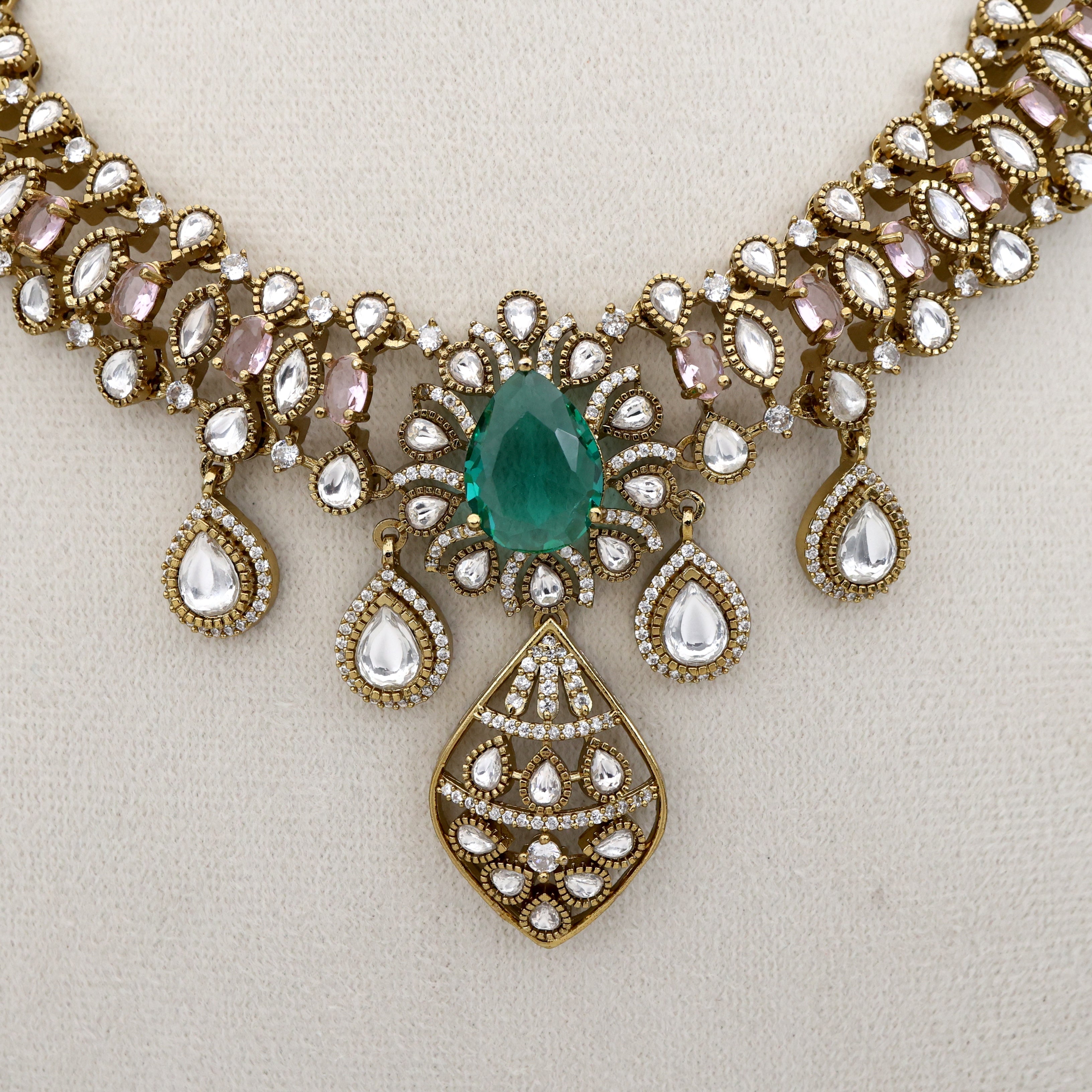 Diamond Look Victorian Bridal Necklace Set - Emerald Blue