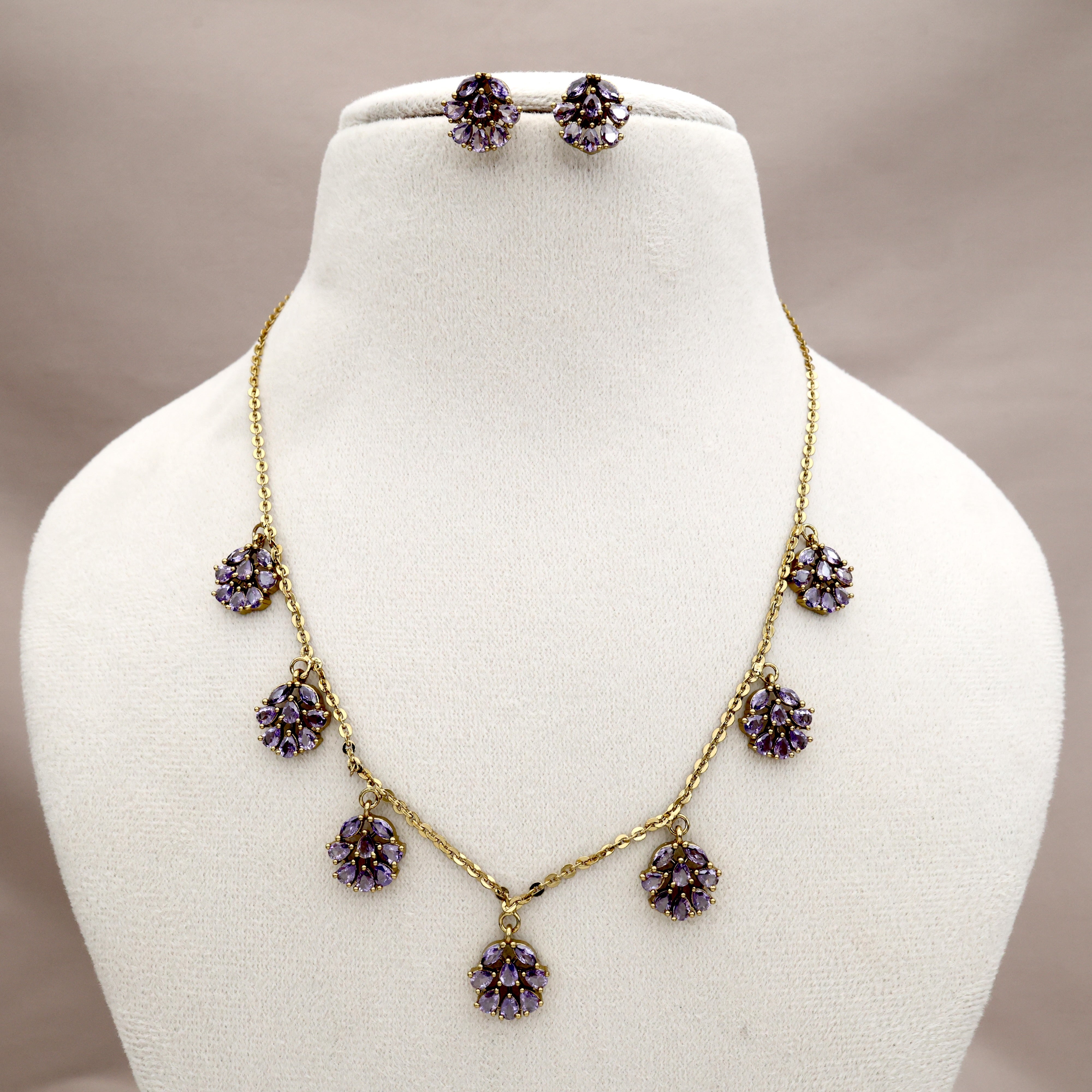 Antique Mehendi Polish AD Flower Drops Necklace Set - Lavender