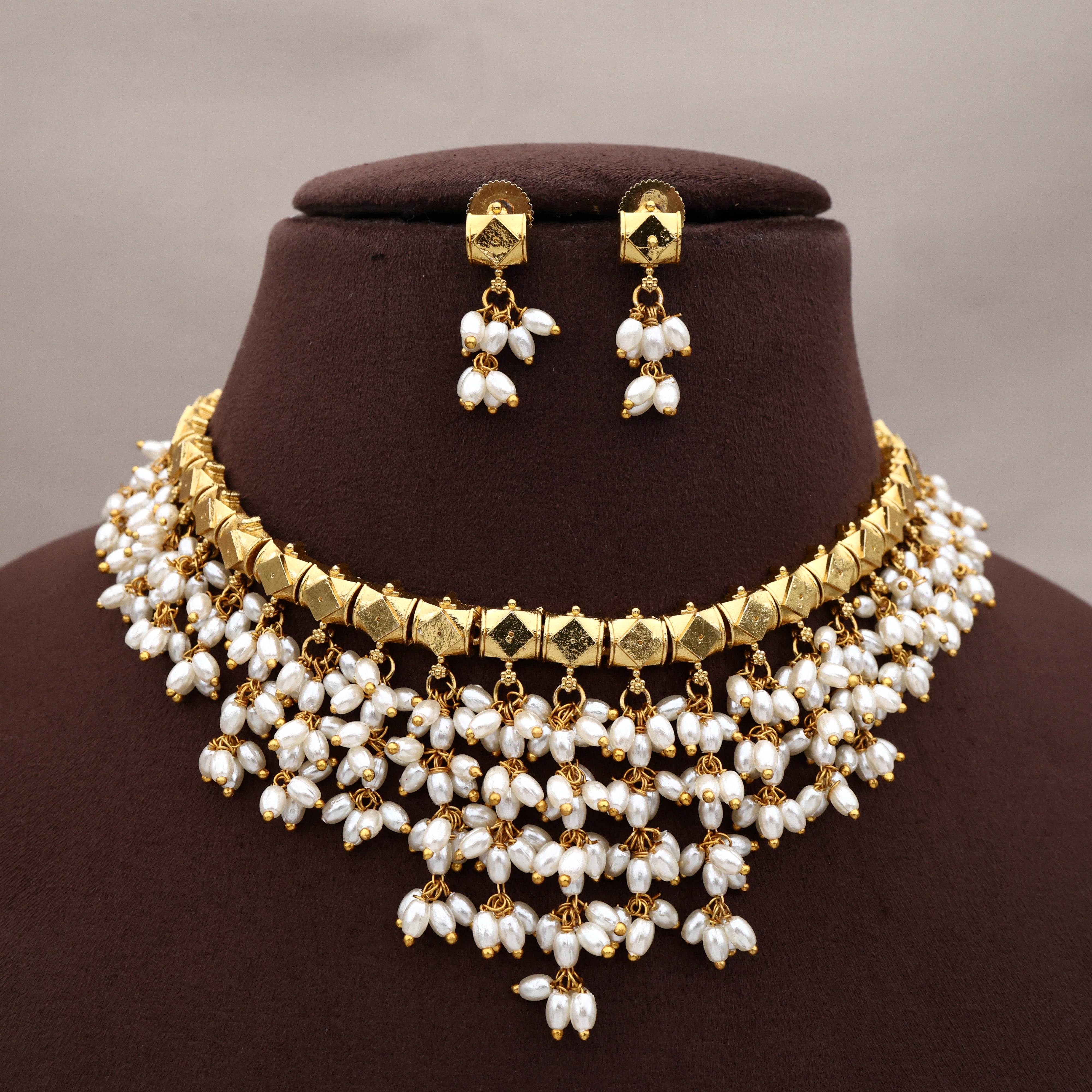 Premium Antique Gold 5 Rice Beads Rains Necklace Set