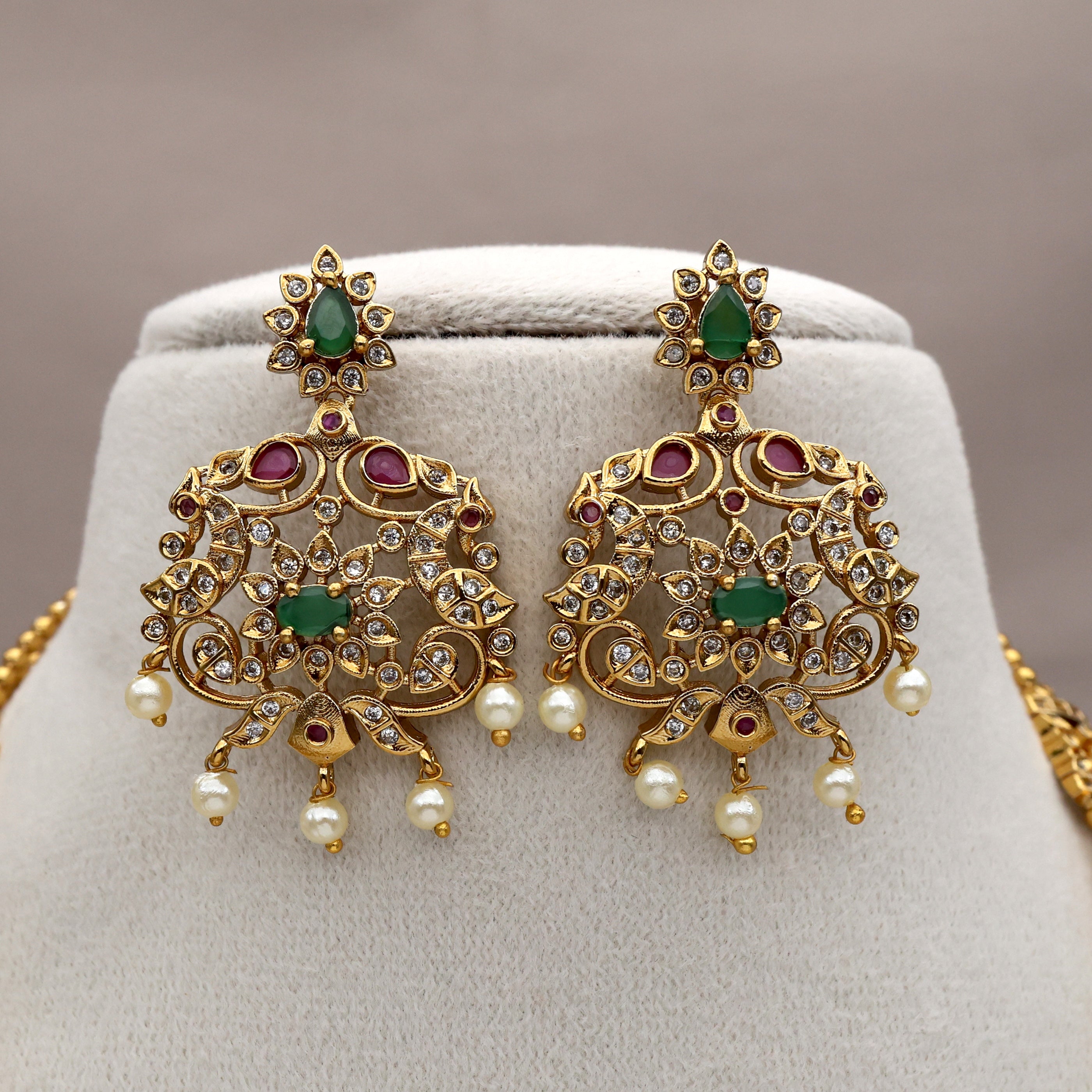 Premium Gold Tone AD 3 Line Rettapakshi Traditional Pendant Rani Haaram Set