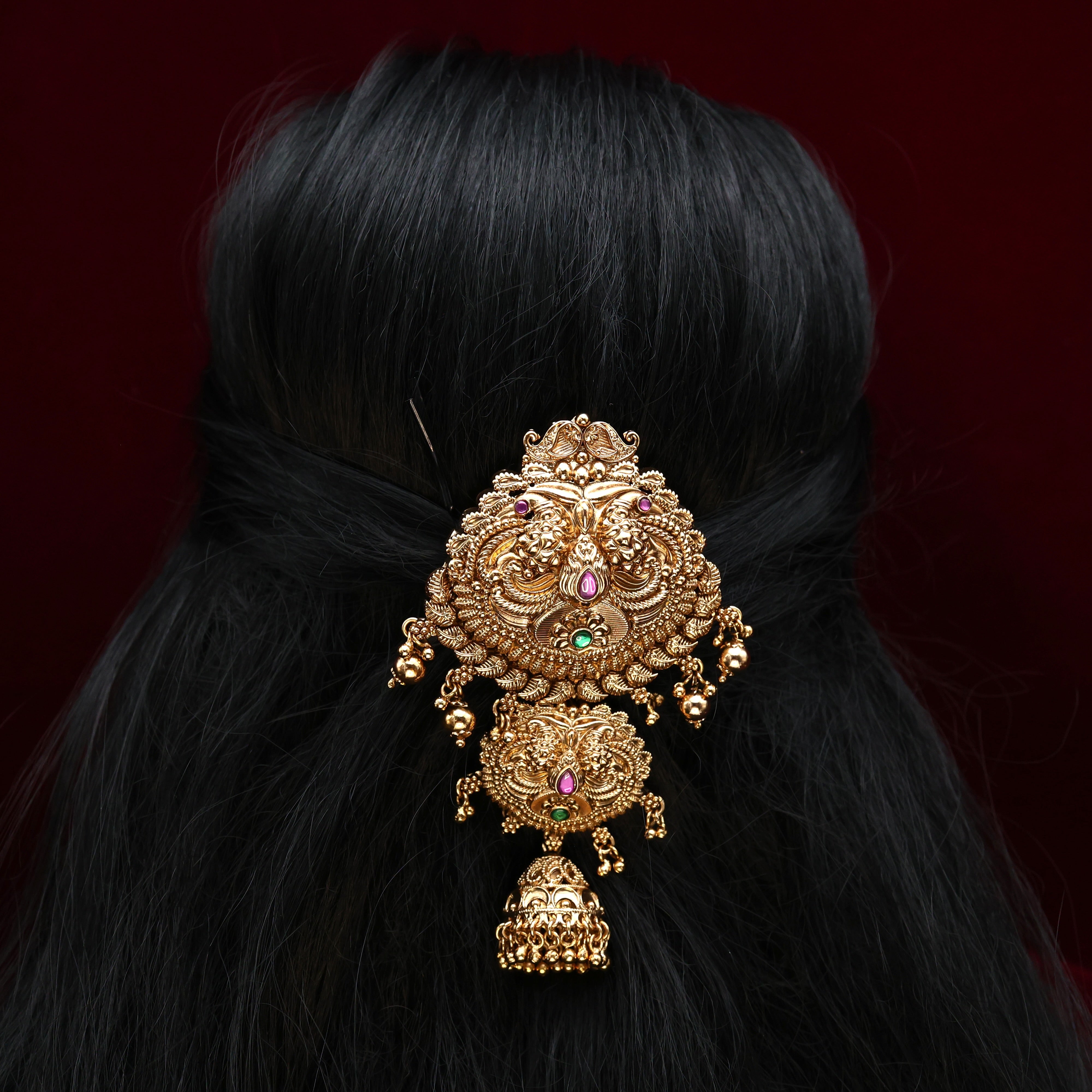 Antique Gold Nagas Rettapakshi Kemp Short Bridal Hair Choti