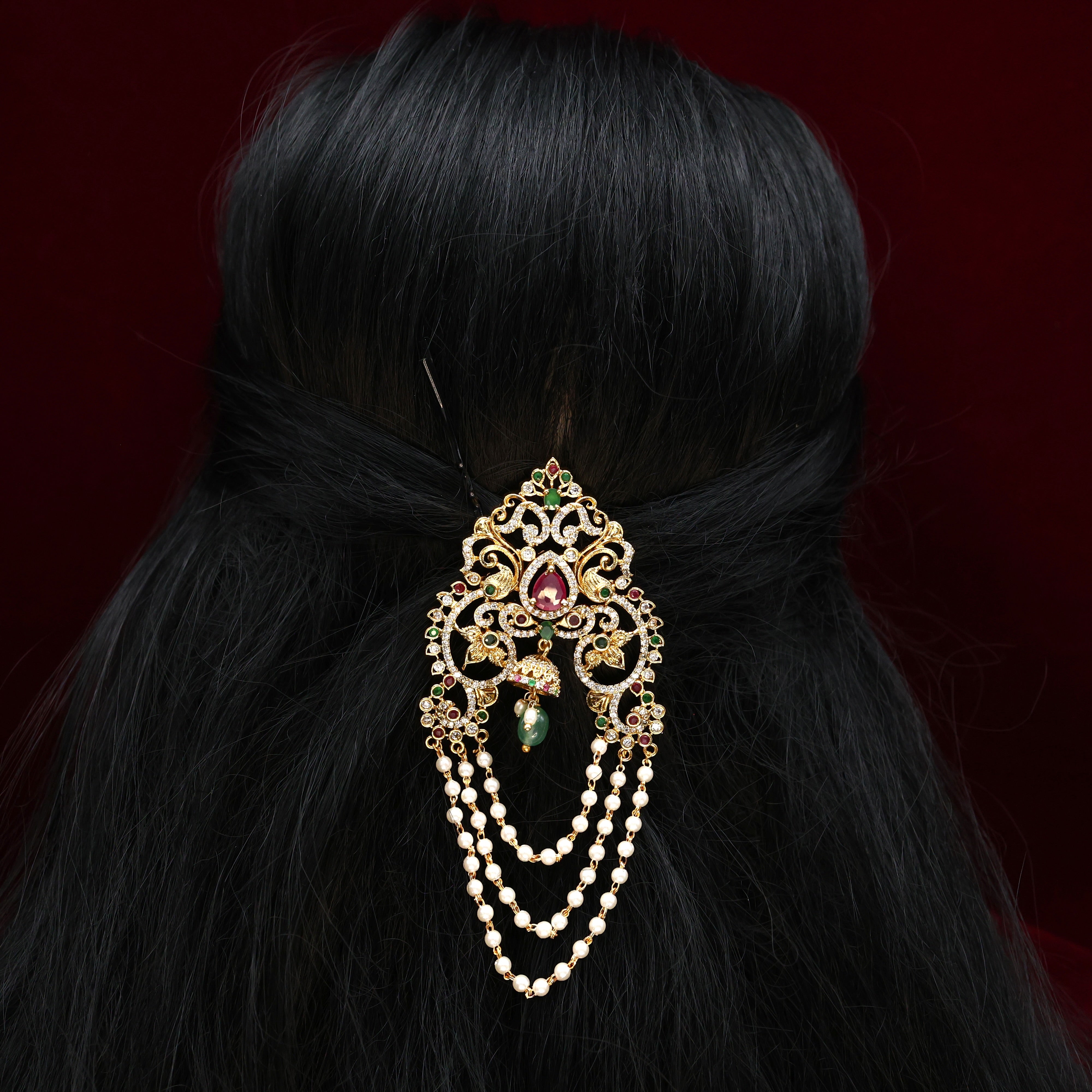 Gold Tone 3 Layer Pearl AD Bridal Choti Hair Pin