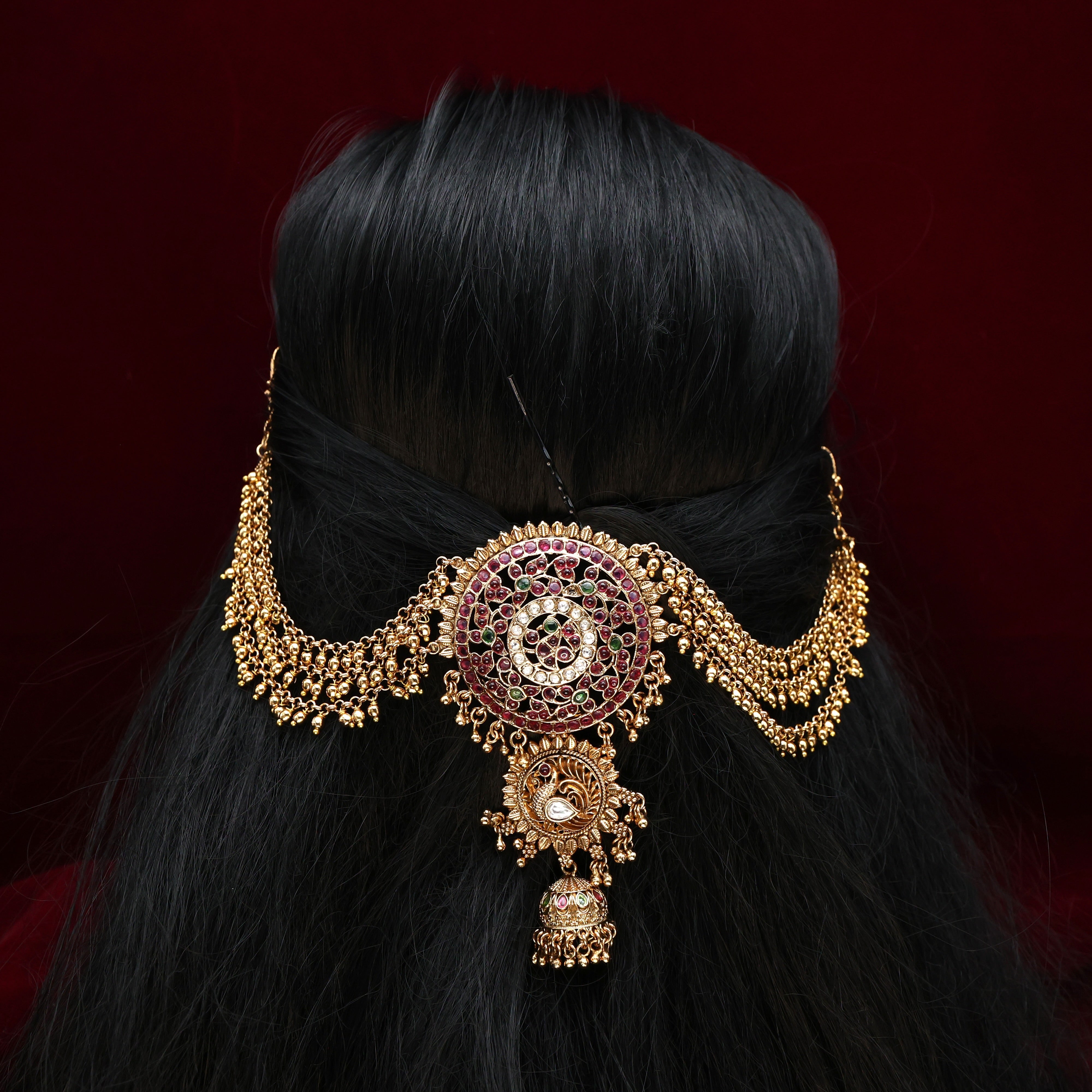 Premium Antique Gold Nagas AD Kemp Mayil Chakram Short Bridal Choti With 3 Layer Maatal/Ear Chain