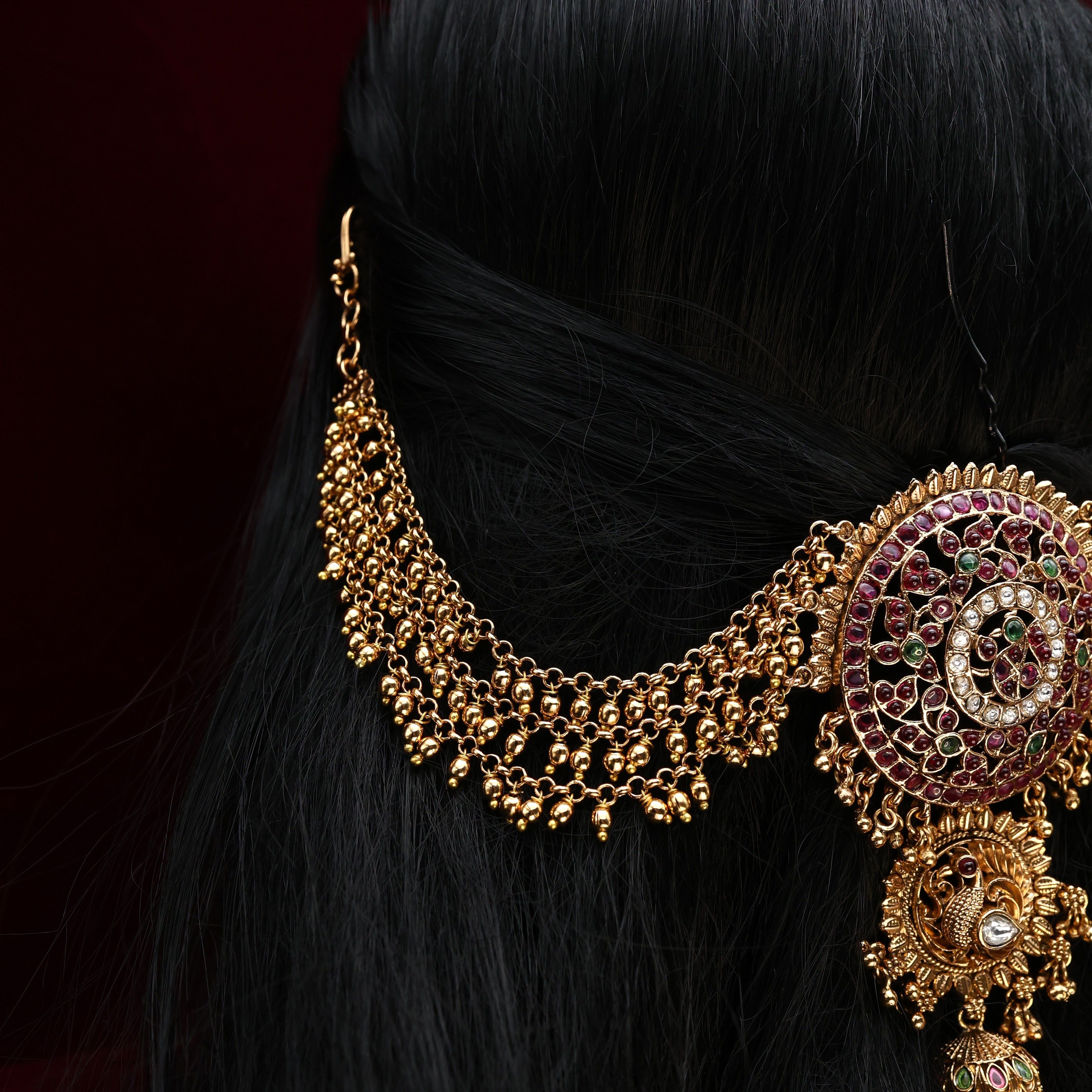 Premium Antique Gold Nagas AD Kemp Mayil Chakram Short Bridal Choti With 3 Layer Maatal/Ear Chain