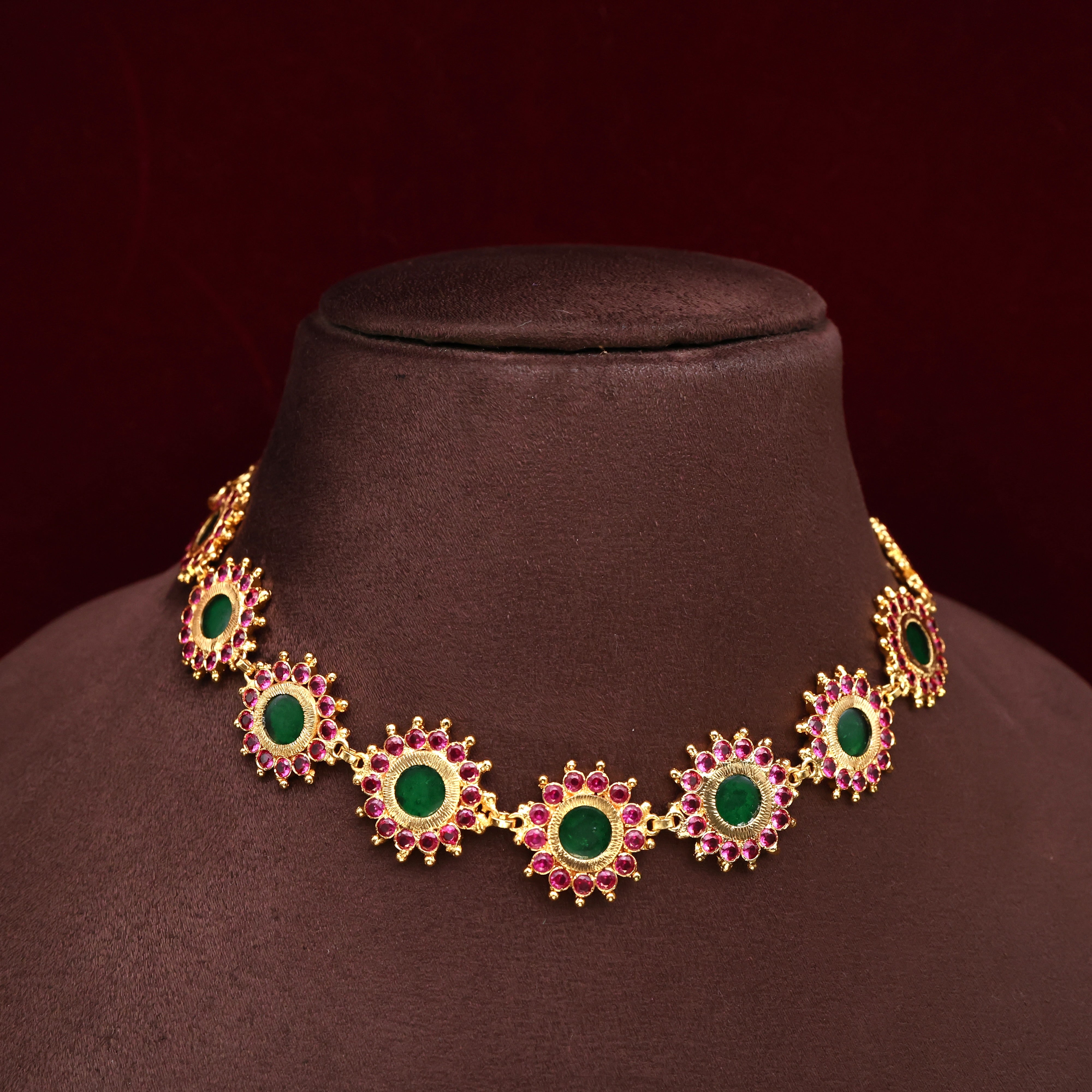Real Gold Tone Round Sun Pendants High Neck Palakka Choker