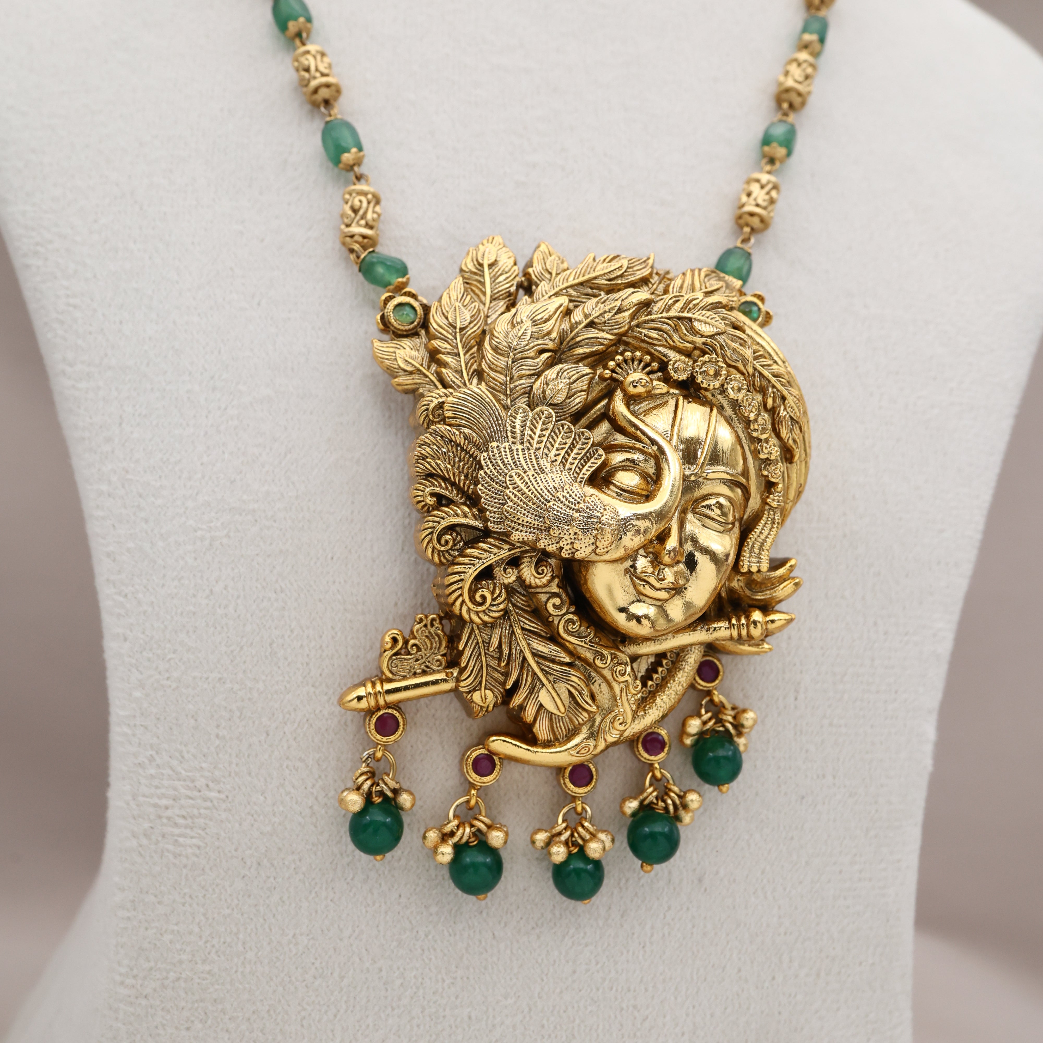 Antique Nagas Divine Krishna Pendant Beaded Mala Necklace