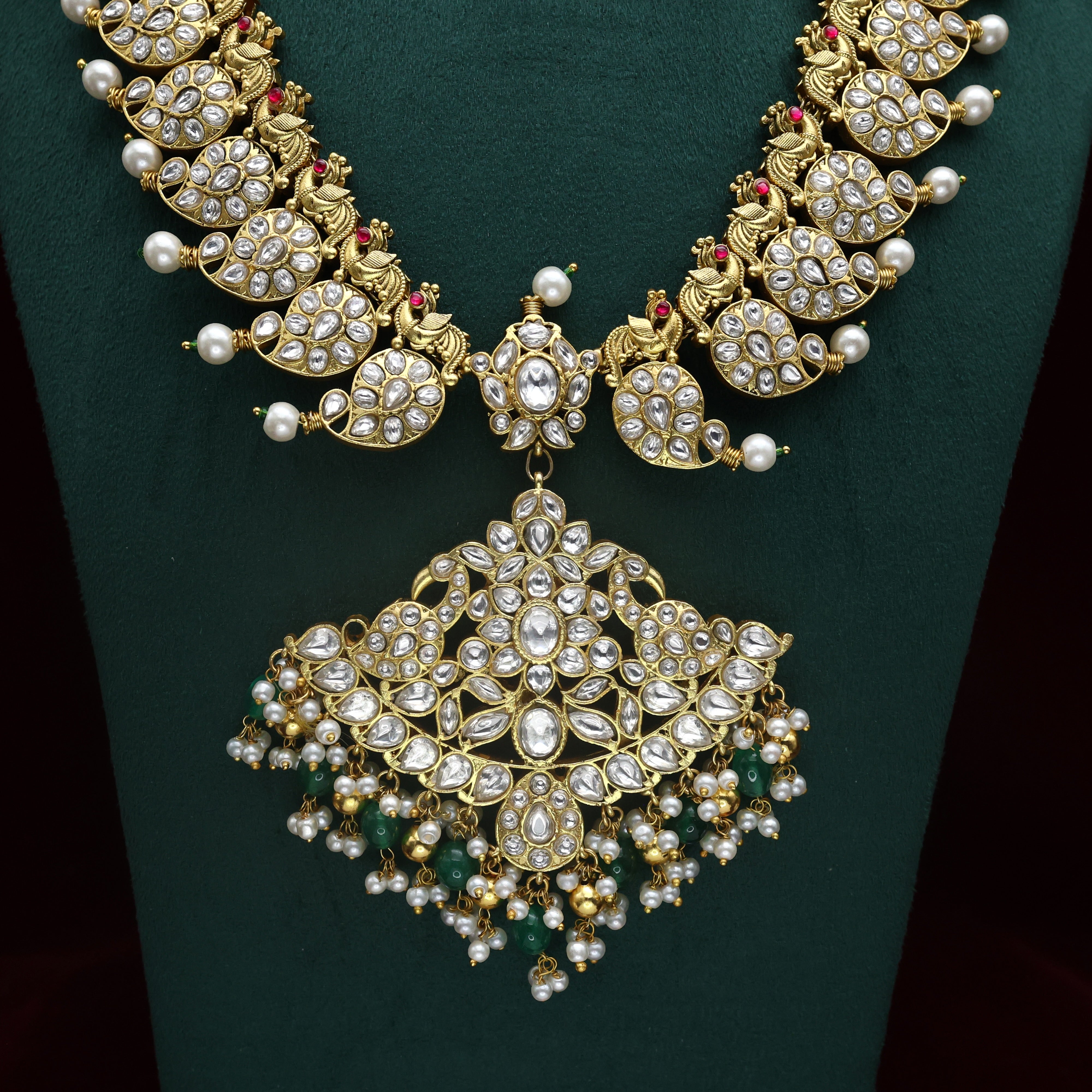 Premium Jadau Kundan Reversible Double Side Bridal Mango Pakshi Haaram Set