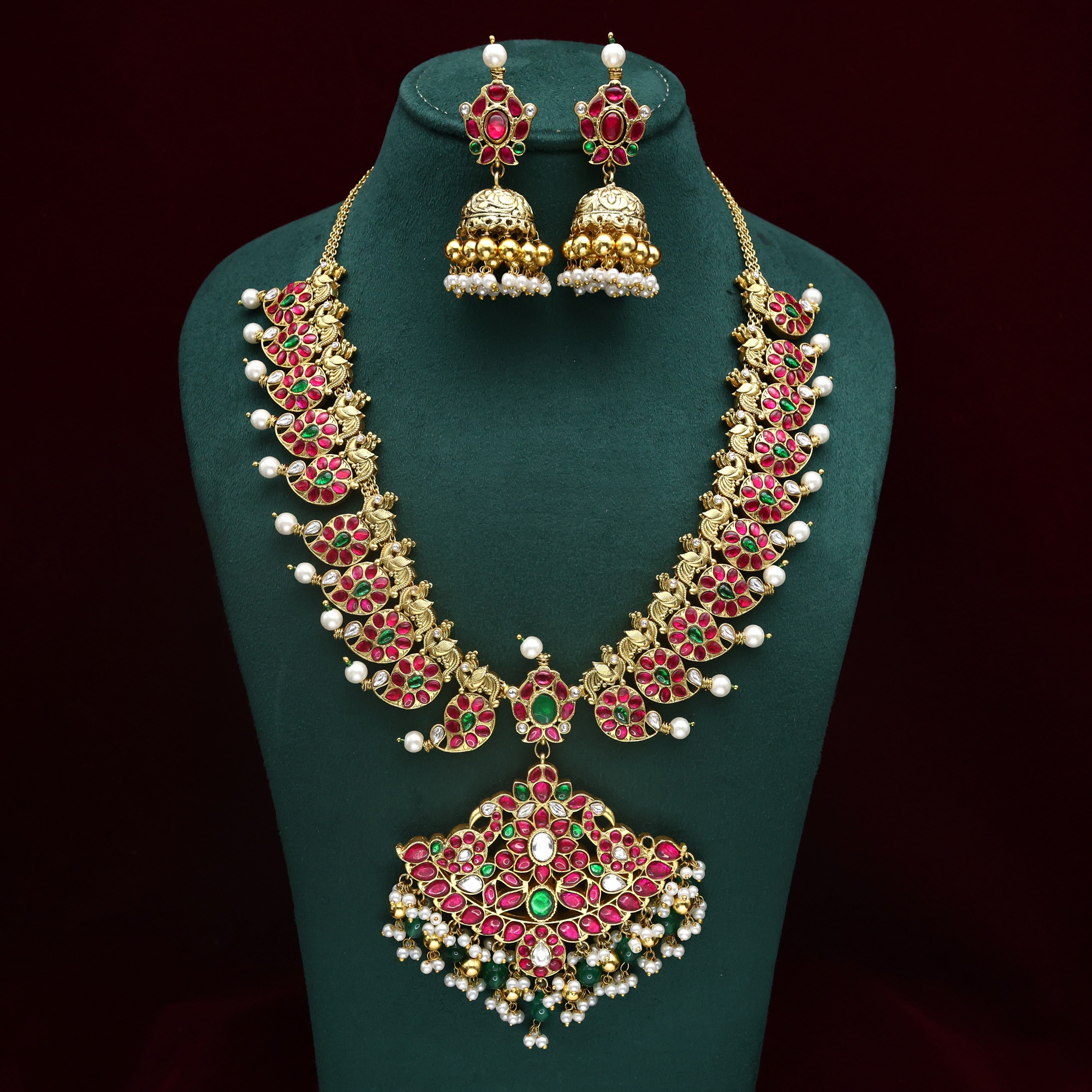 Premium Jadau Kundan Reversible Double Side Bridal Mango Pakshi Haaram Set