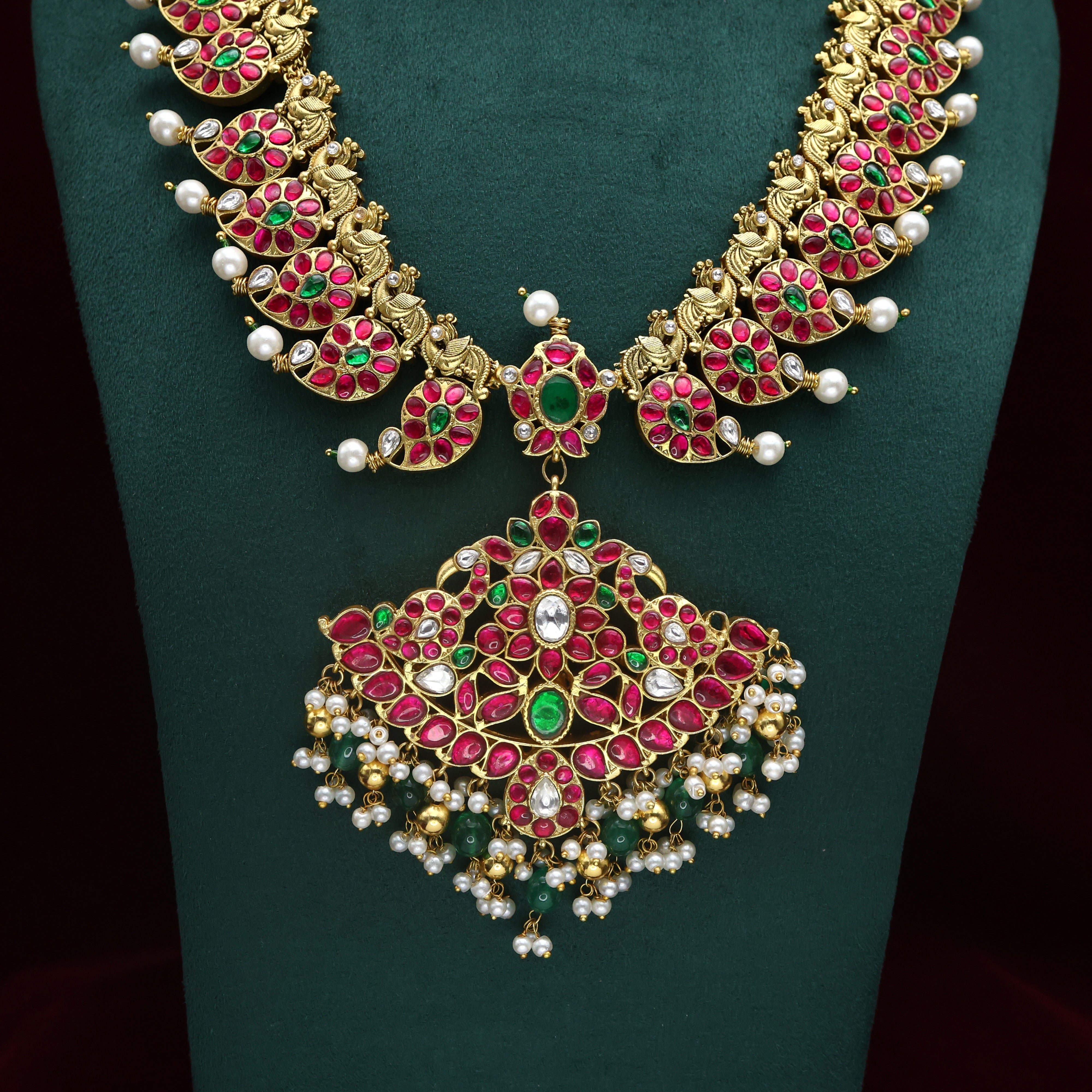 Premium Jadau Kundan Reversible Double Side Bridal Mango Pakshi Haaram Set