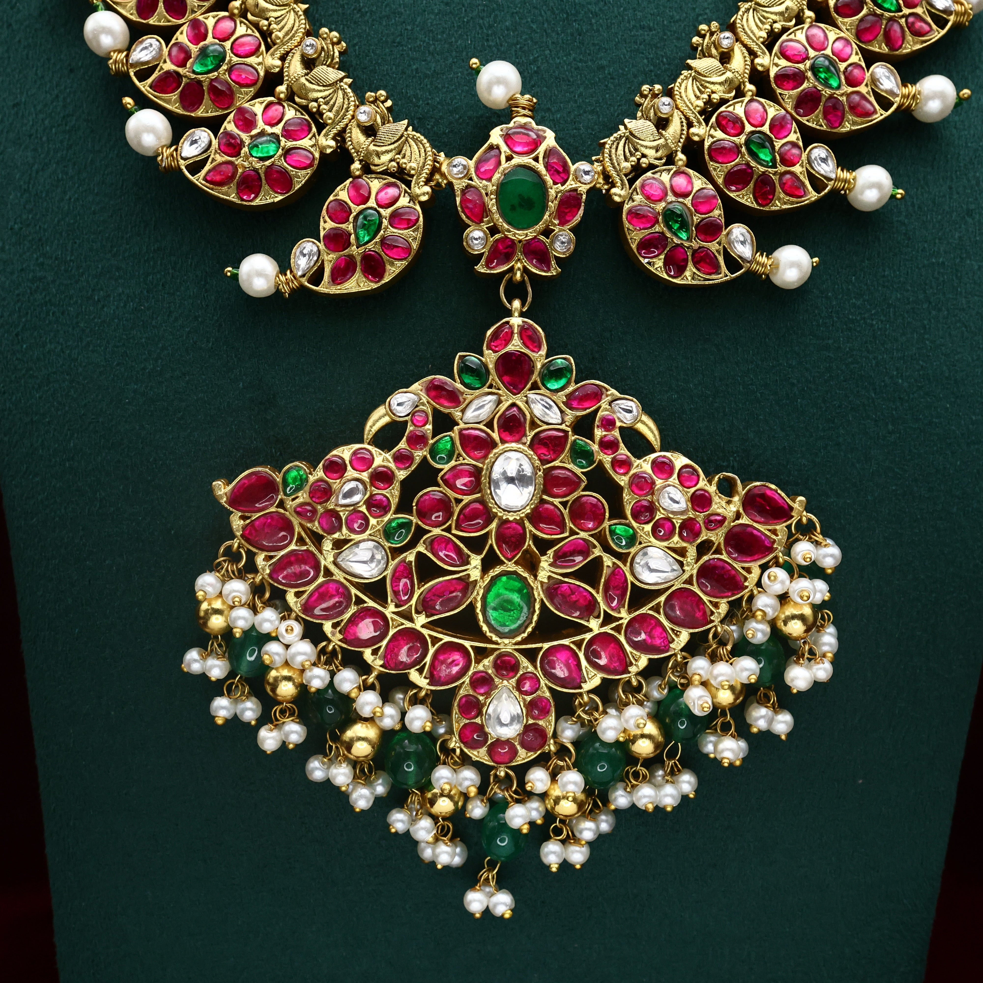 Premium Jadau Kundan Reversible Double Side Bridal Mango Pakshi Haaram Set