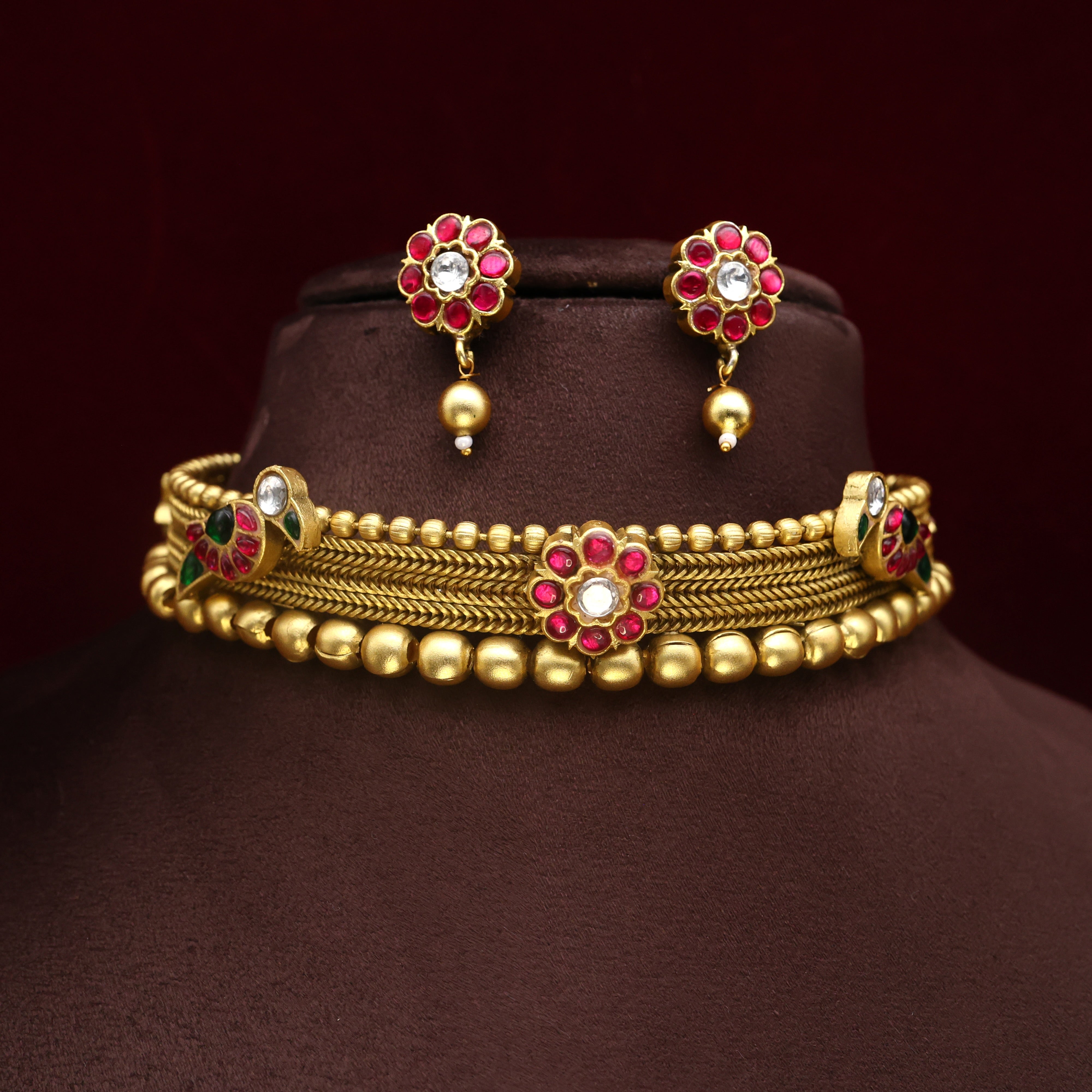 Antique Gold Jadau Kundan Birds & Flowers High Neck Bridal Choker Set