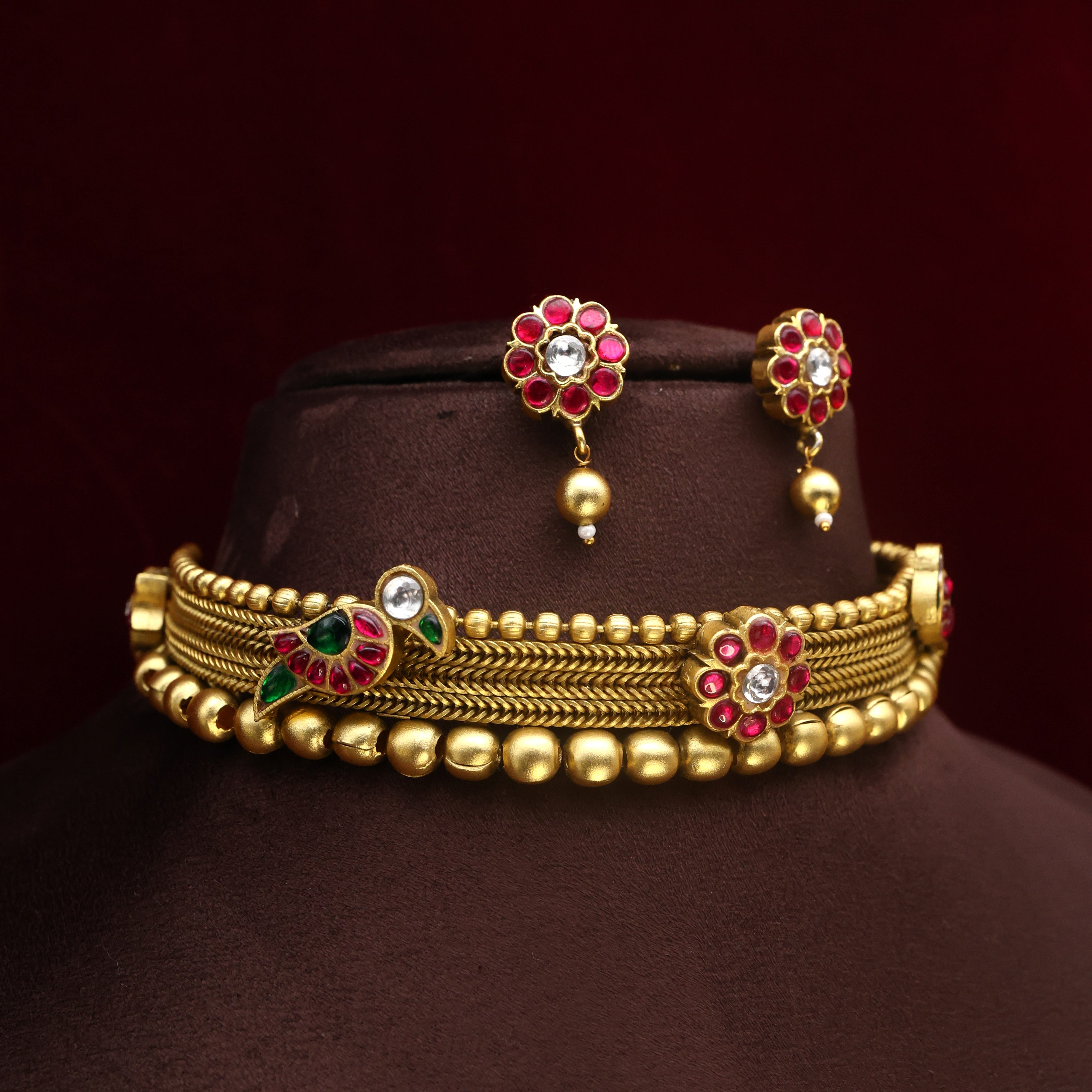 Antique Gold Jadau Kundan Birds & Flowers High Neck Bridal Choker Set