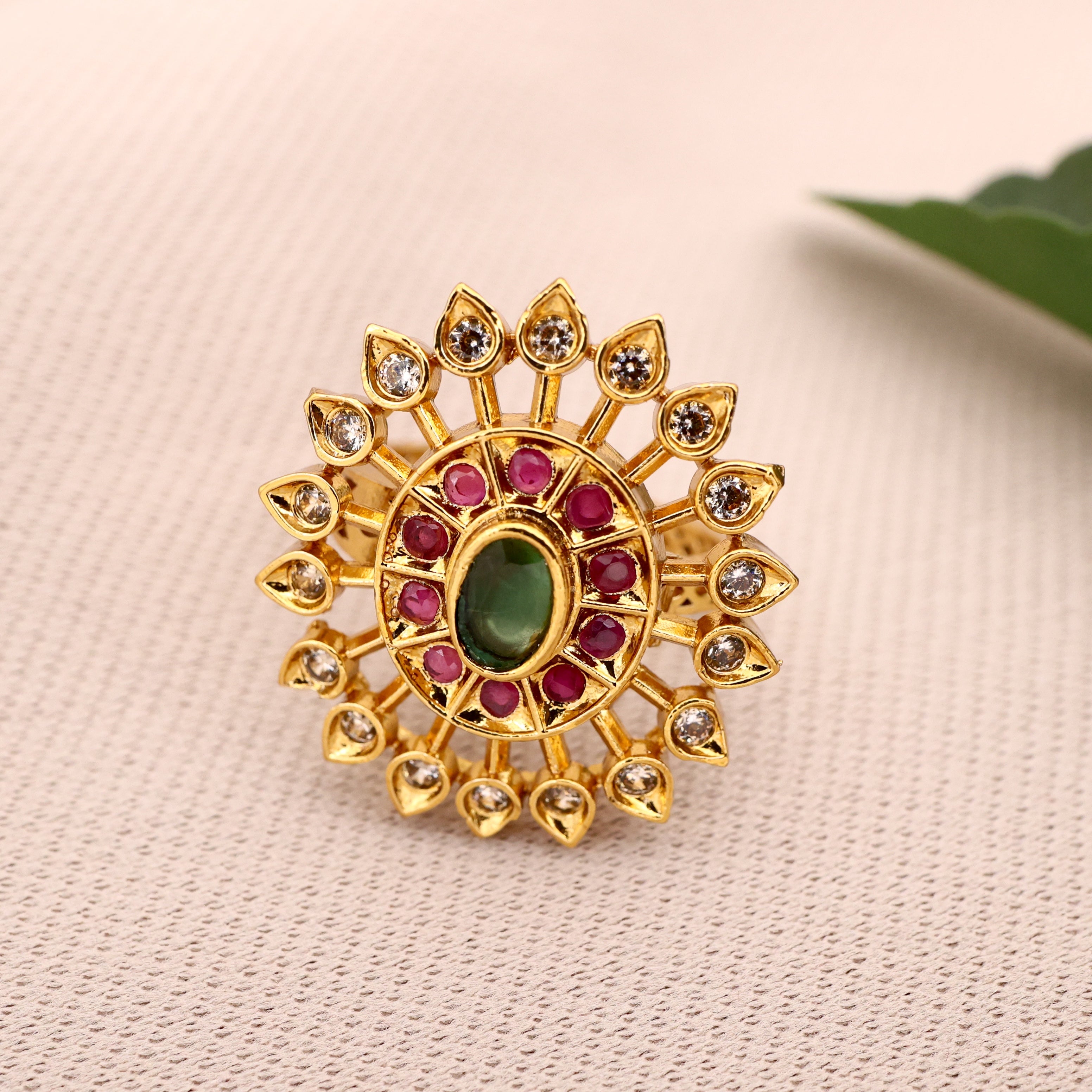 Premium Gold Look AD Surya Chakra Finger Ring