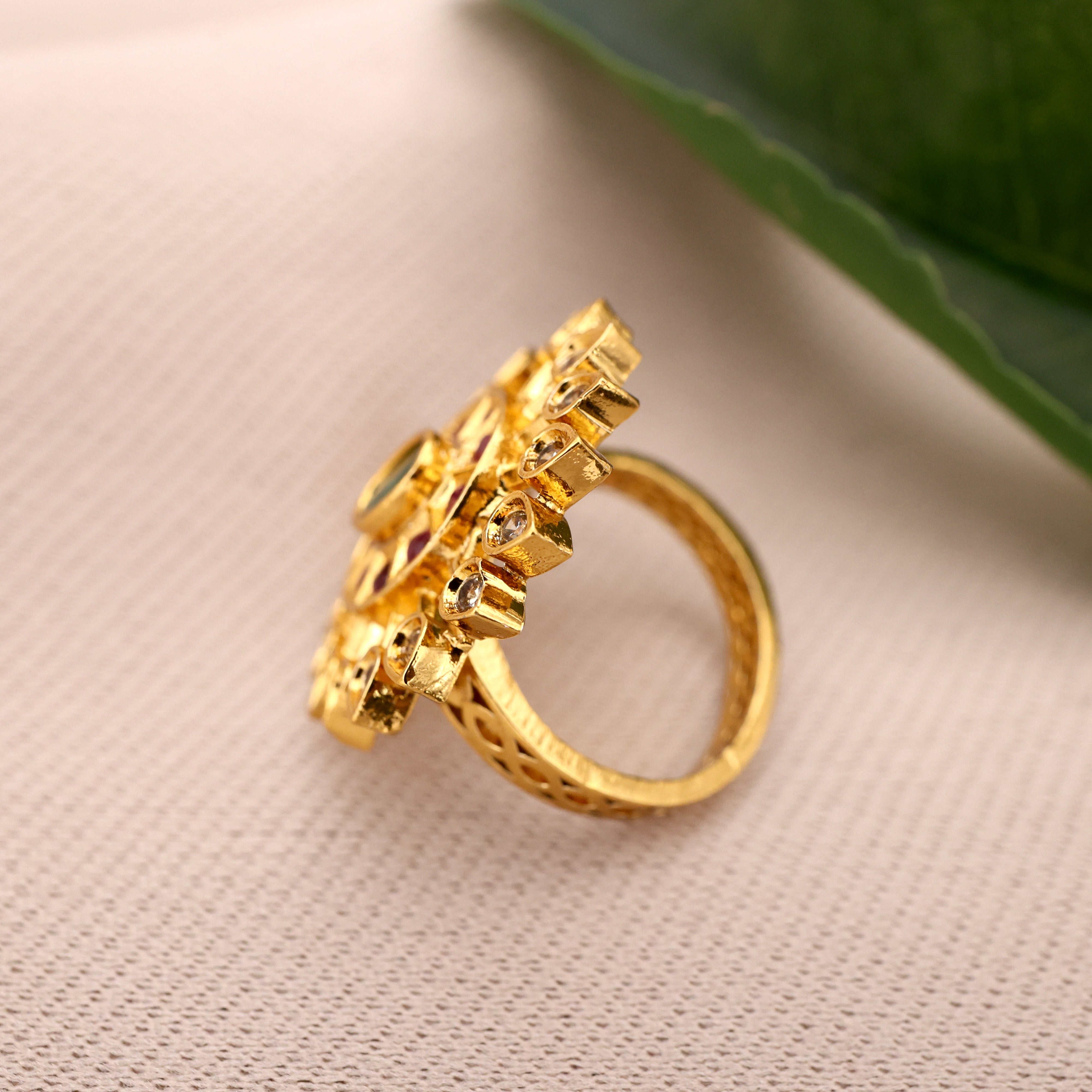 Premium Gold Look AD Surya Chakra Finger Ring