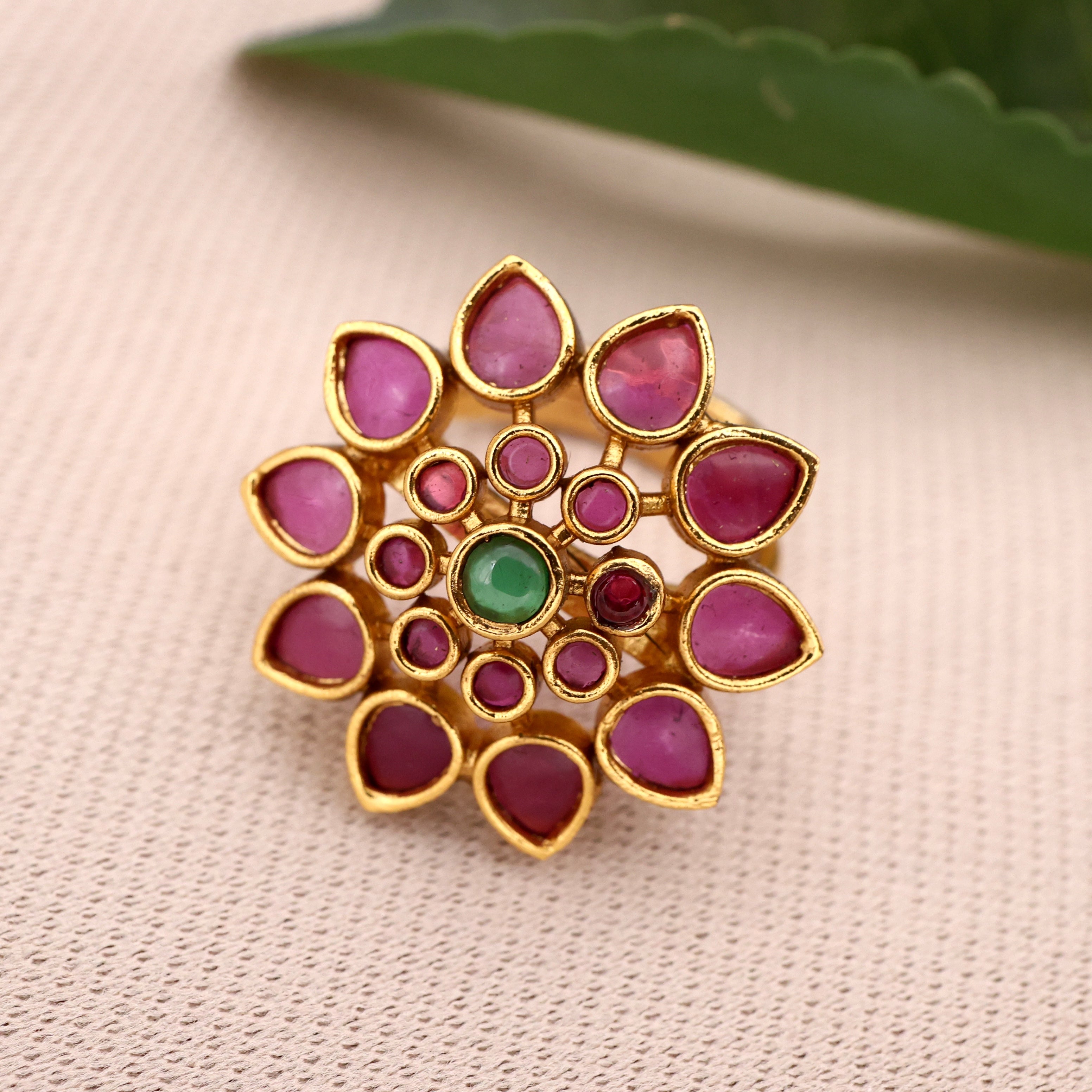 Premium Gold Look Adjustable AD Flower Bridal Finger Ring