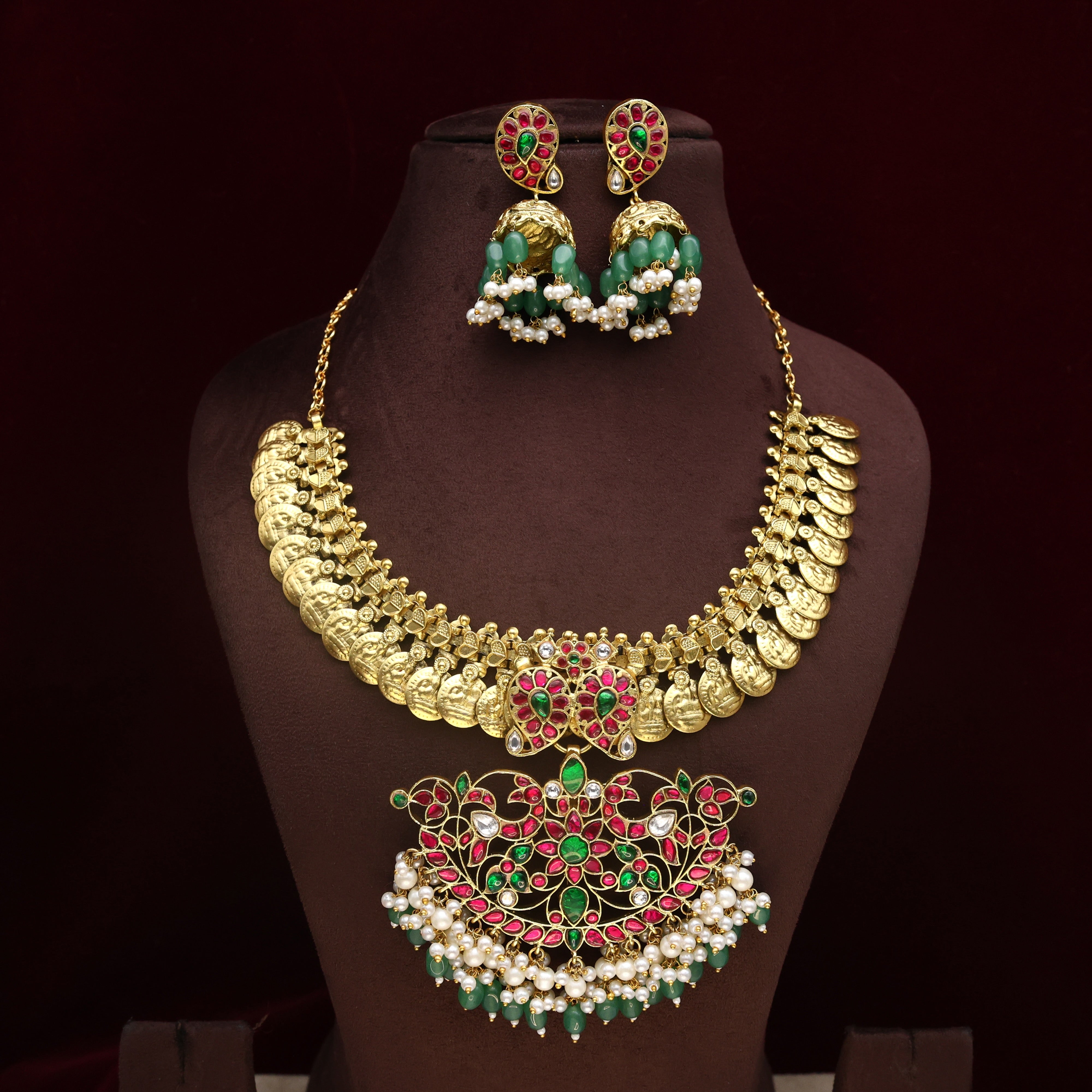 Premium Jadau Kundan Mango Rettapakshi Pendant Lakshmi Coin Bridal Necklace Set